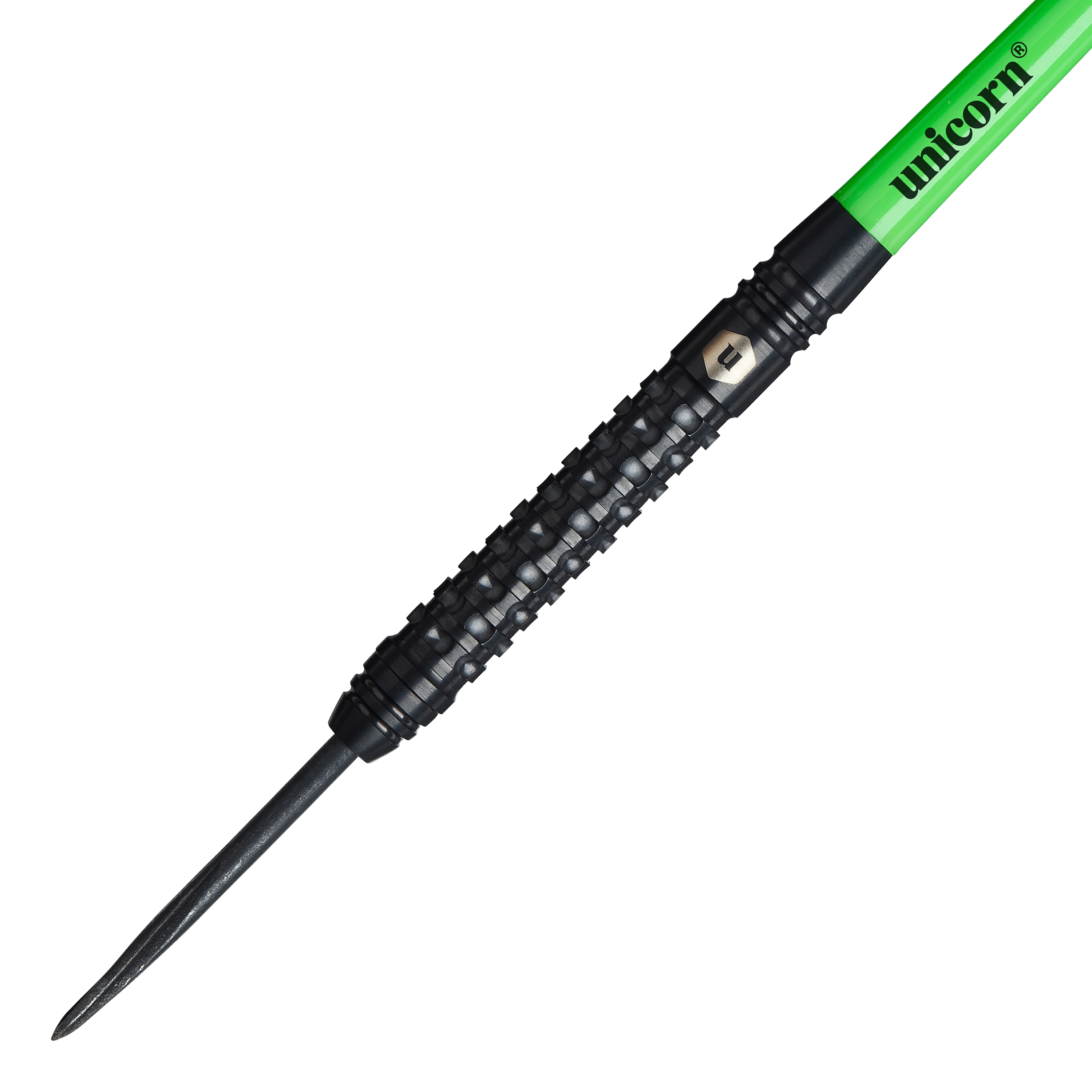 Unicorn Wraith Steeldarts Das Bild zeigt einen Unicorn Wraith Steeldart mit schwarzem, strukturiertem Griff. Der Schaft ist grün und trägt die Aufschrift "unicorn".