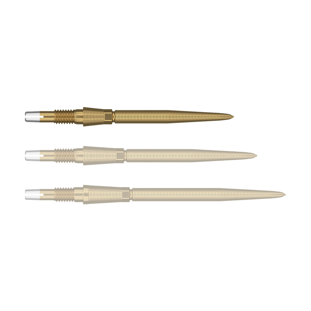 Auf dem Bild sind drei goldene Dartspitzen nebeneinander zu sehen. Sie sind lang, schmal und haben ein silbernes Ende.