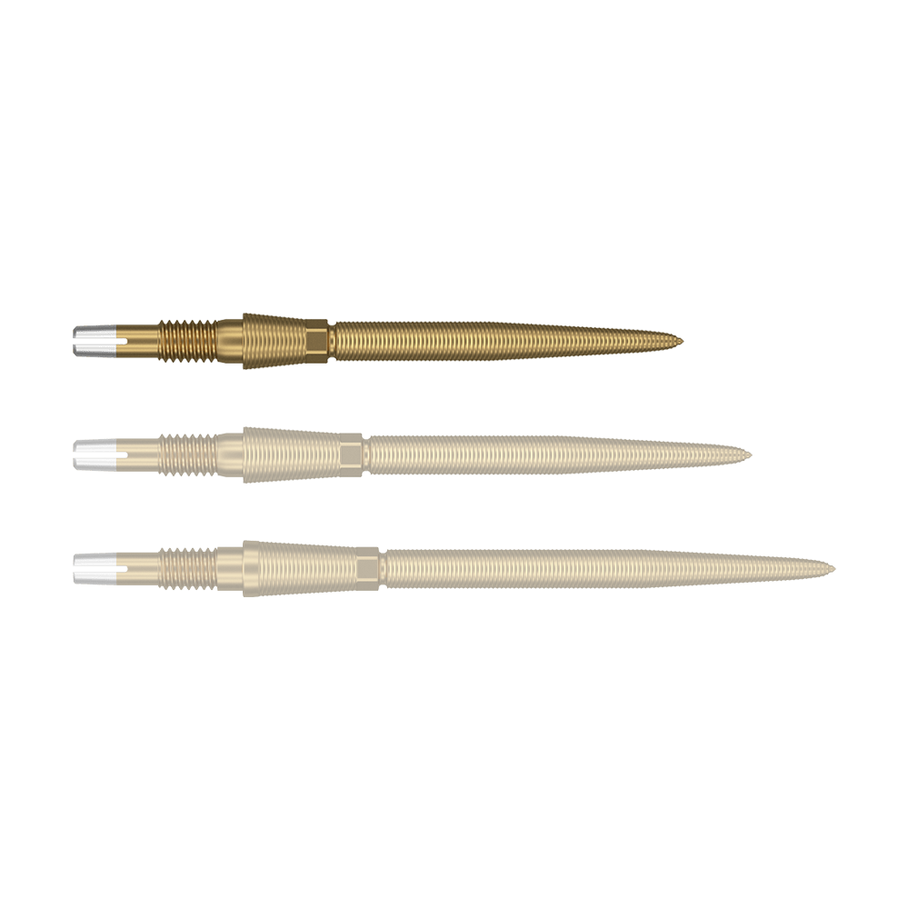 340086_Target_Swiss_Storm_Nano_Point_Dartspitzen_Gold_26mm_1 Auf dem Bild sind drei goldene Dartspitzen nebeneinander zu sehen. Sie sind lang, schmal und haben ein silbernes Ende.