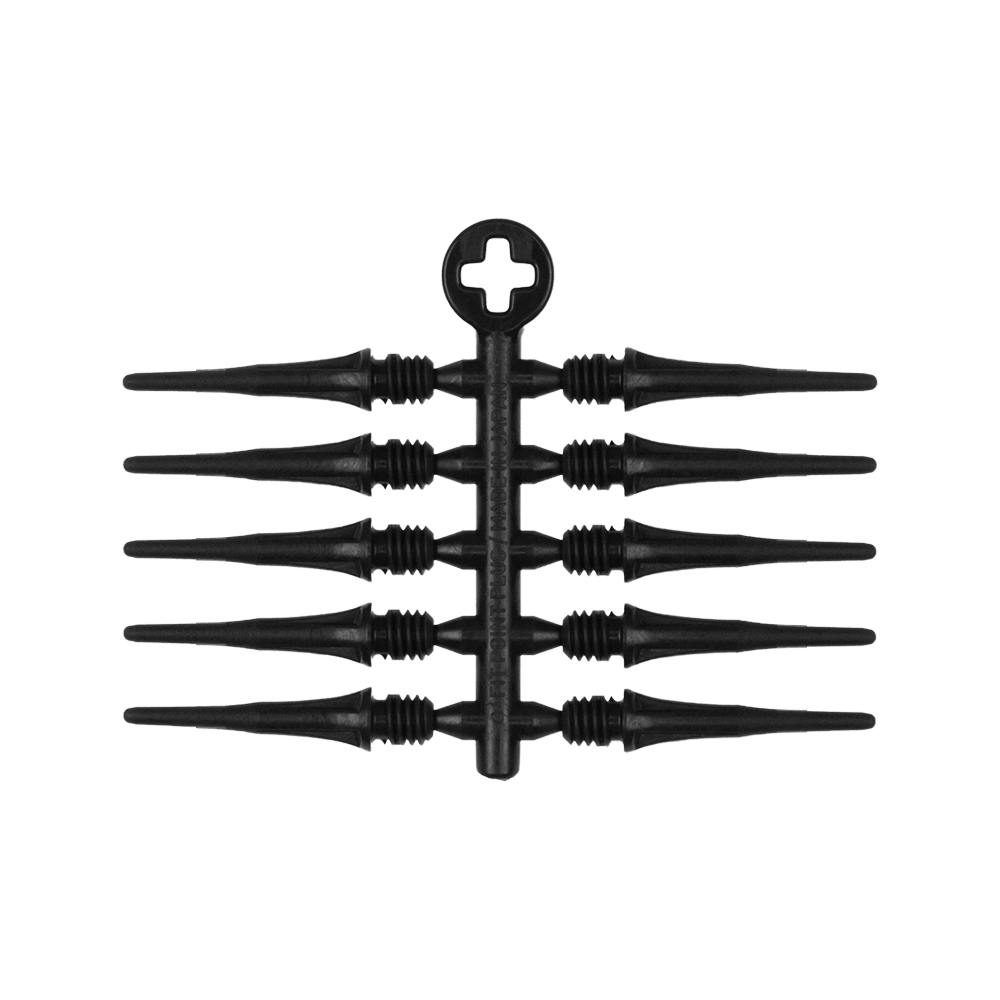 X9078_Cosmo_Fit_Point_Plus_2BA_Spitzen_Schwarz_2 Das Bild zeigt eine schwarze Kunststoffhalterung mit acht austauschbaren Dartspitzen. In der Mitte befindet sich ein rundes Element mit einem Kreuzmuster.