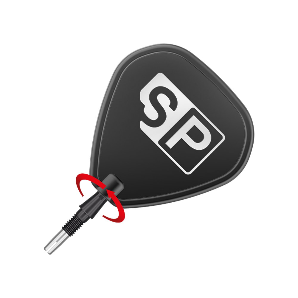 Target Swiss Storm Onyx Point Dartspitzen - Schwarz Das Bild zeigt eine schwarze Dartspitze mit der Aufschrift "SP". Ein roter Pfeil zeigt, dass die Spitze gedreht werden kann.