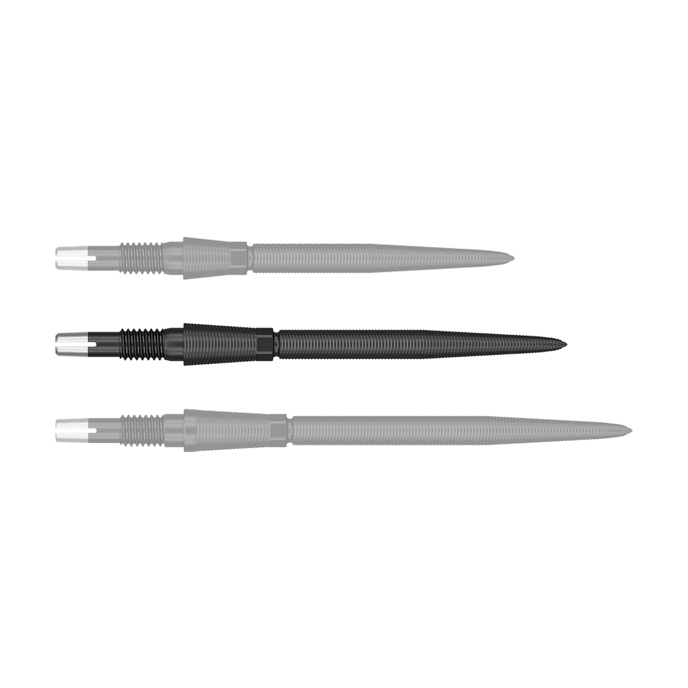 340084_Target_Swiss_Storm_Nano_Point_Dartspitzen_Schwarz_30mm_1 Auf dem Bild sind drei schwarze Dartspitzen mit gerillter Oberfläche zu sehen. Sie sind nebeneinander ausgerichtet und haben silberfarbene Enden.