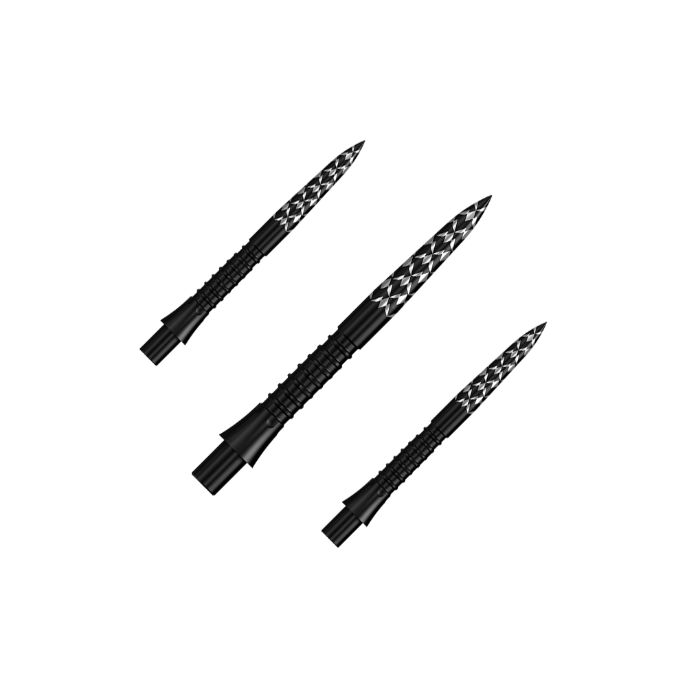 Mission Caliburn EVO Dartspitzen GV-Logo - Schwarz Das Bild zeigt ein Set schwarzer Steeldartspitzen mit GV-Logo, 26 mm lang. Diese Spitzen sind speziell für Dartpfeile entwickelt worden.