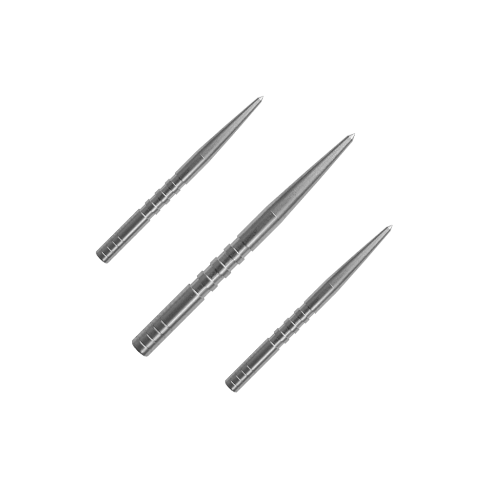 Condor Beak Point With Cut Dartspitzen Das Bild zeigt drei silberne Dartspitzen, die nebeneinander liegen. Sie sind aus Metall und haben eine schlanke, spitze Form.