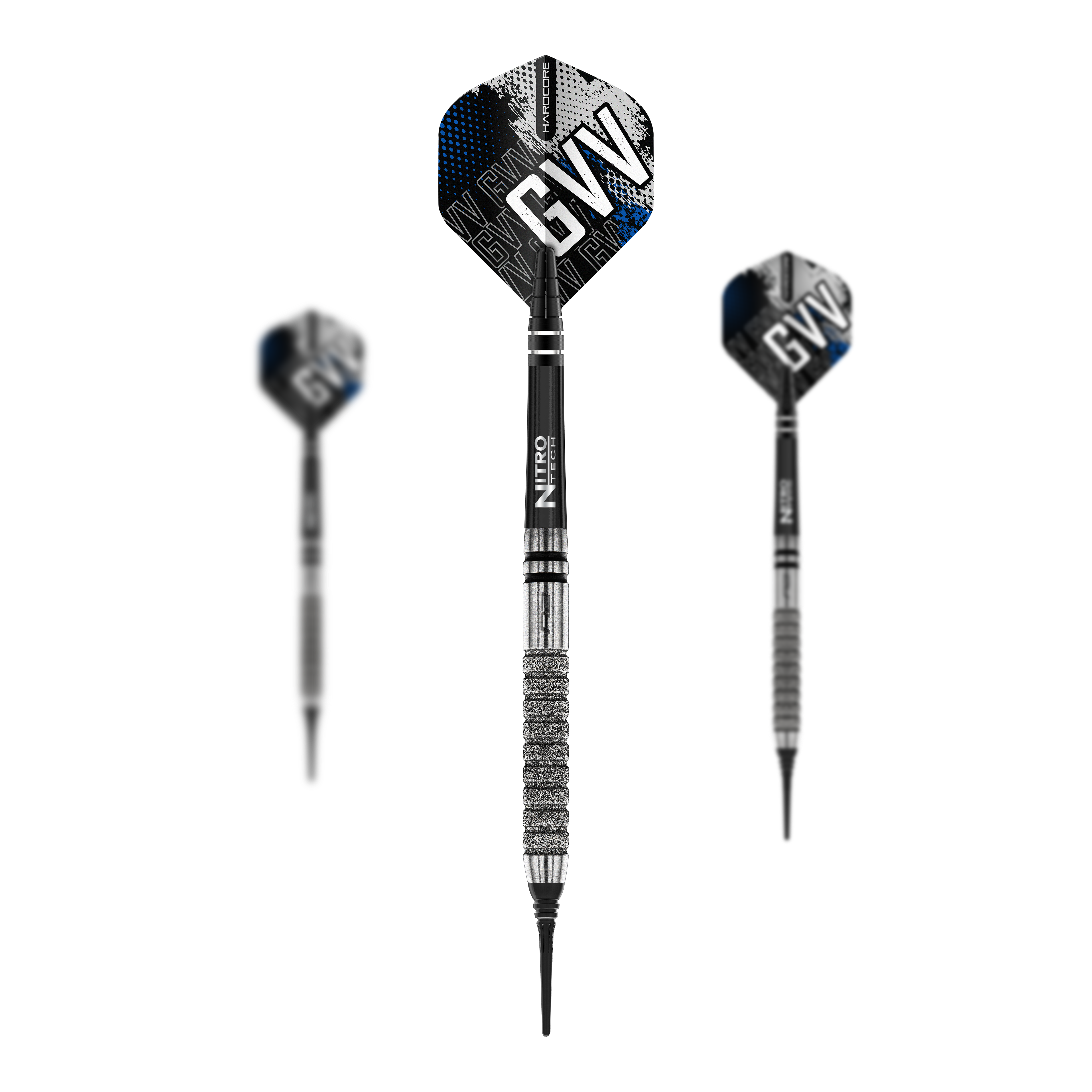 Das Bild zeigt die Red Dragon Gian Van Veen Tour Edition Softdarts mit einem Gewicht von 20g. Die Pfeile haben schwarze und silberne Details sowie Flights mit dem Aufdruck "GVV".