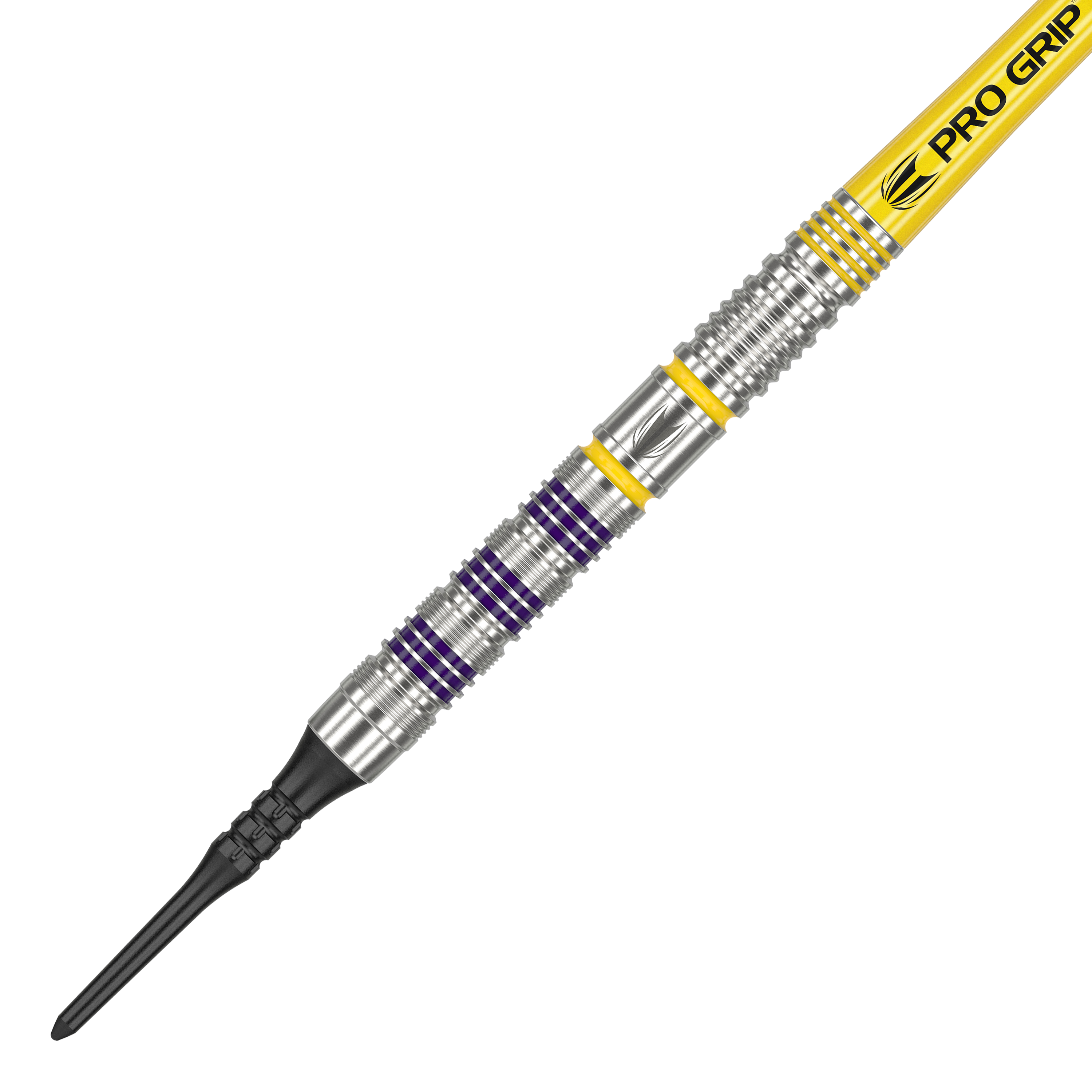 Target Luke Littler Loadout Softdarts - 19g Das Bild zeigt einen Softdart namens "Target Luke Littler Loadout Softdarts - 19g". Der Dartpfeil ist silberfarben mit gelben und lila Ringen sowie einem gelben "PRO GRIP"-Schaft.