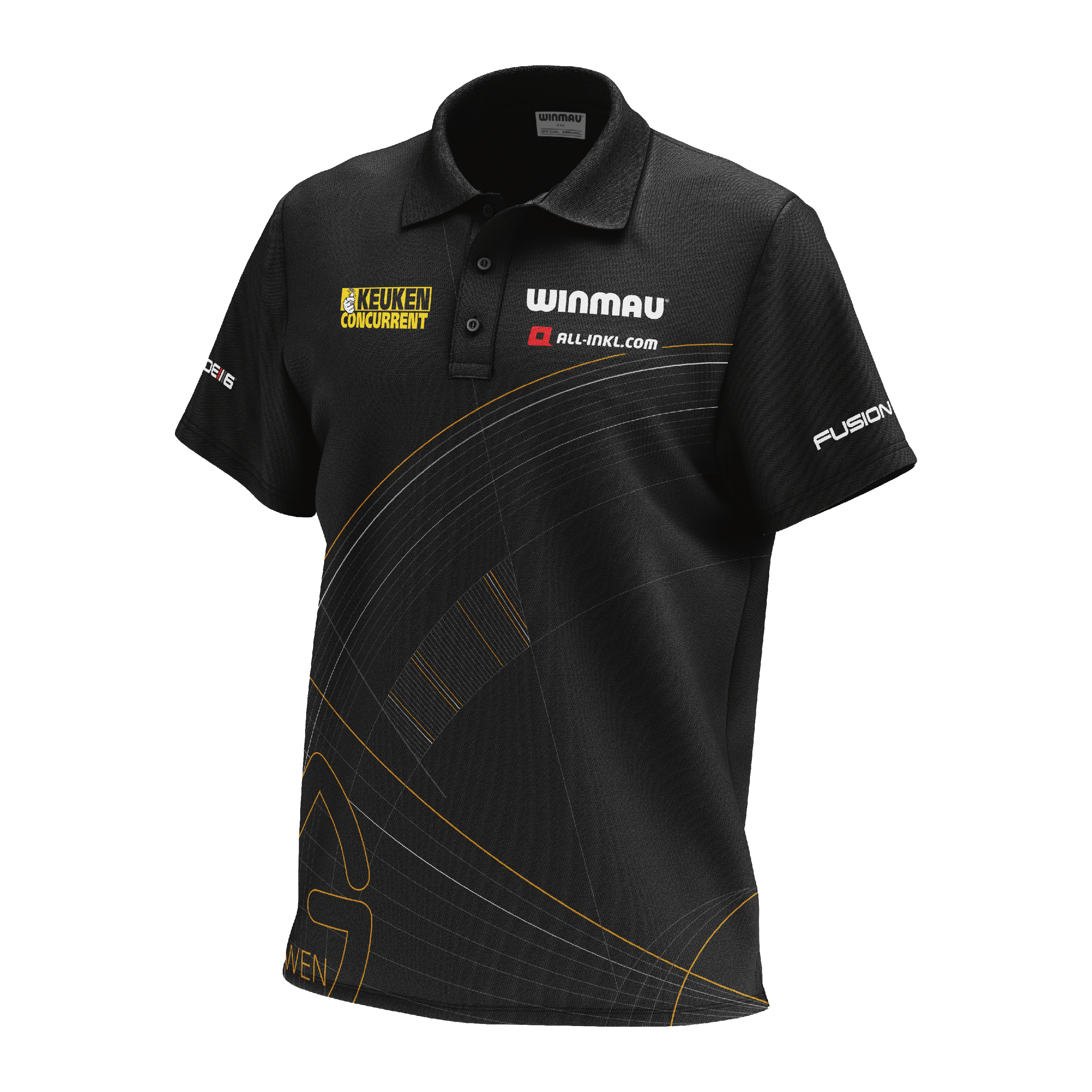 Das Bild zeigt das "Winmau Limited Edition Tour Polo Dartshirt" in Schwarz mit gelben und weißen Logos. Das Shirt hat kurze Ärmel, einen Kragen und ein modernes Linienmuster auf der Vorderseite.