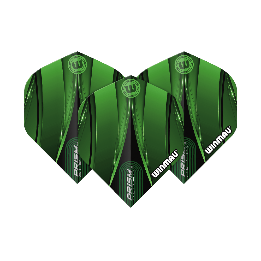 Winmau Alpha Sniper Green Standard Flights Das Bild zeigt ein Set der Winmau Alpha Sniper Green Standard Flights. Mehrere Flights sind nebeneinander angeordnet.