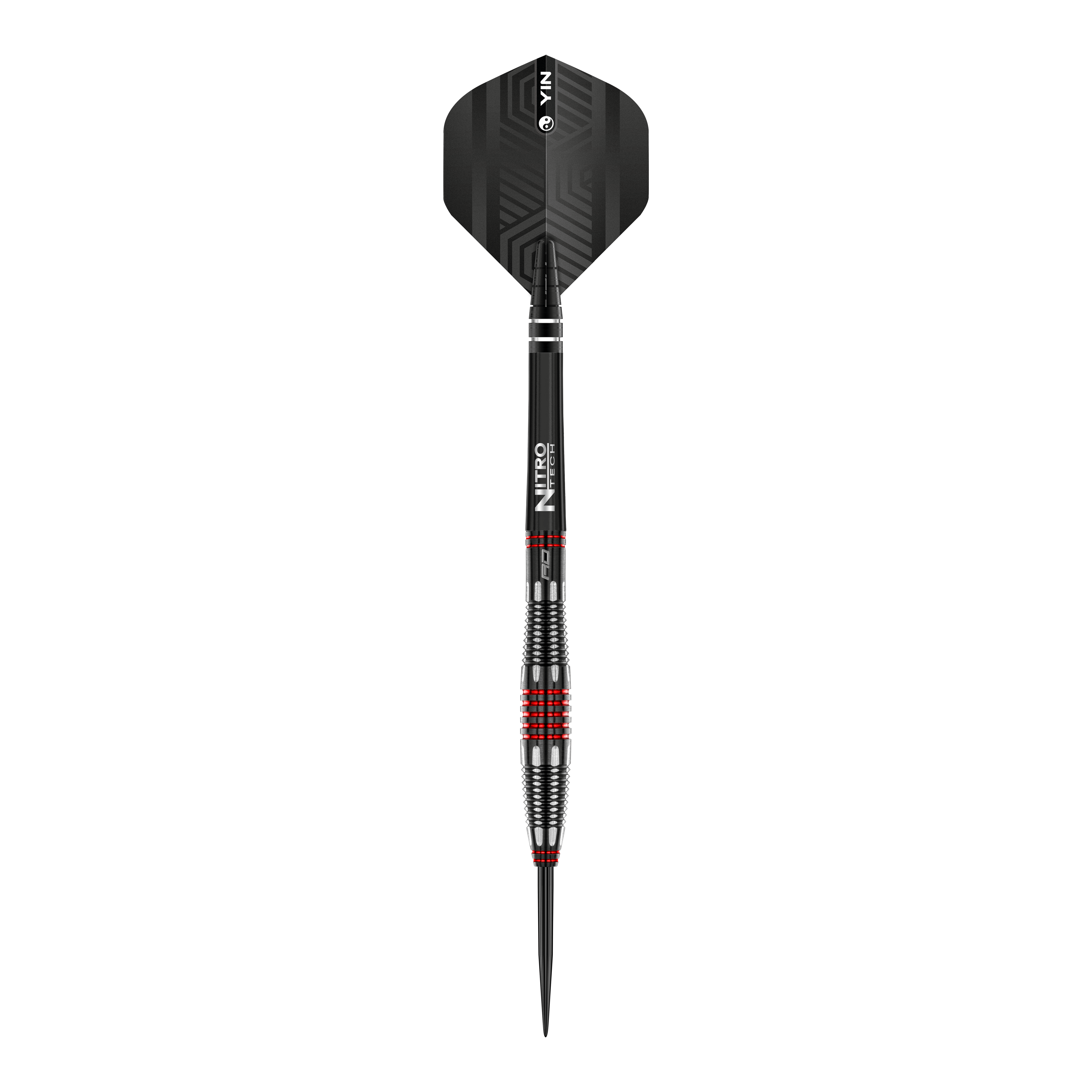 Auf dem Bild ist ein Red Dragon Marlin Venom Steeldart zu sehen. Der Dart hat ein schwarzes Flight, einen schwarz-roten Griff und eine spitze Metallspitze.