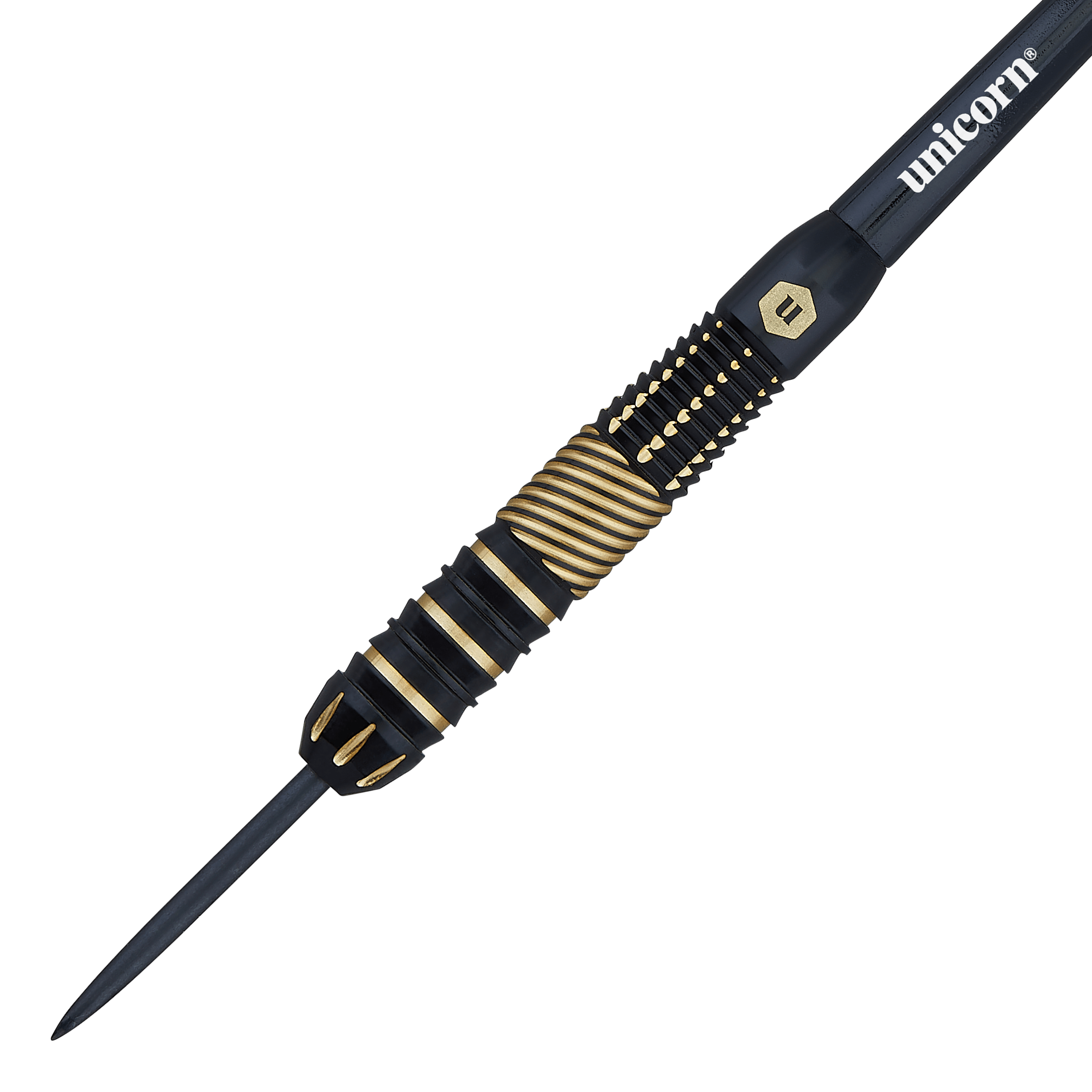 Unicorn Top Brass V2 Steeldarts - 19g Das Bild zeigt einen Steeldart der Marke Unicorn mit schwarzen und goldenen Akzenten. Auf dem Schaft steht der Markenname „unicorn“.
