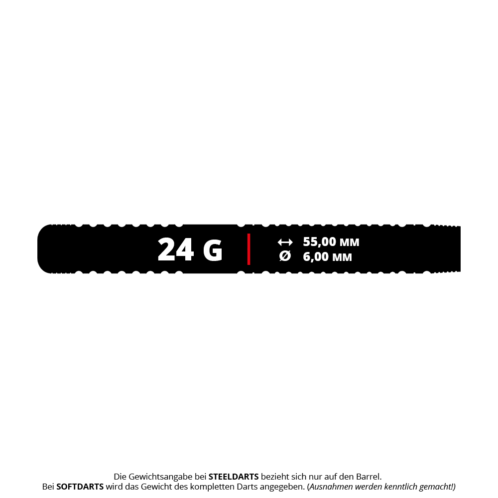 Das Bild zeigt die Produktdaten der Bulls Martijn Dragt Steeldarts mit einem Gewicht von 24 Gramm. Der Barrel ist 55,00 mm lang und hat einen Durchmesser von 6,00 mm.