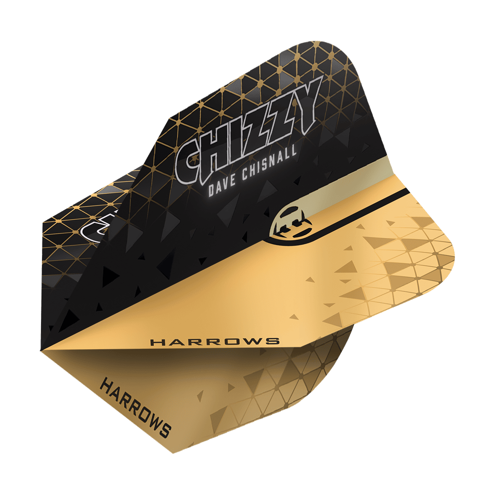 Das Bild zeigt ein Harrows Prime Dave Chisnall Chizzy 2 No6 Flight. Das Flight ist schwarz-gold gestaltet und trägt den Aufdruck "CHIZZY DAVE CHISNALL" sowie das Harrows-Logo.