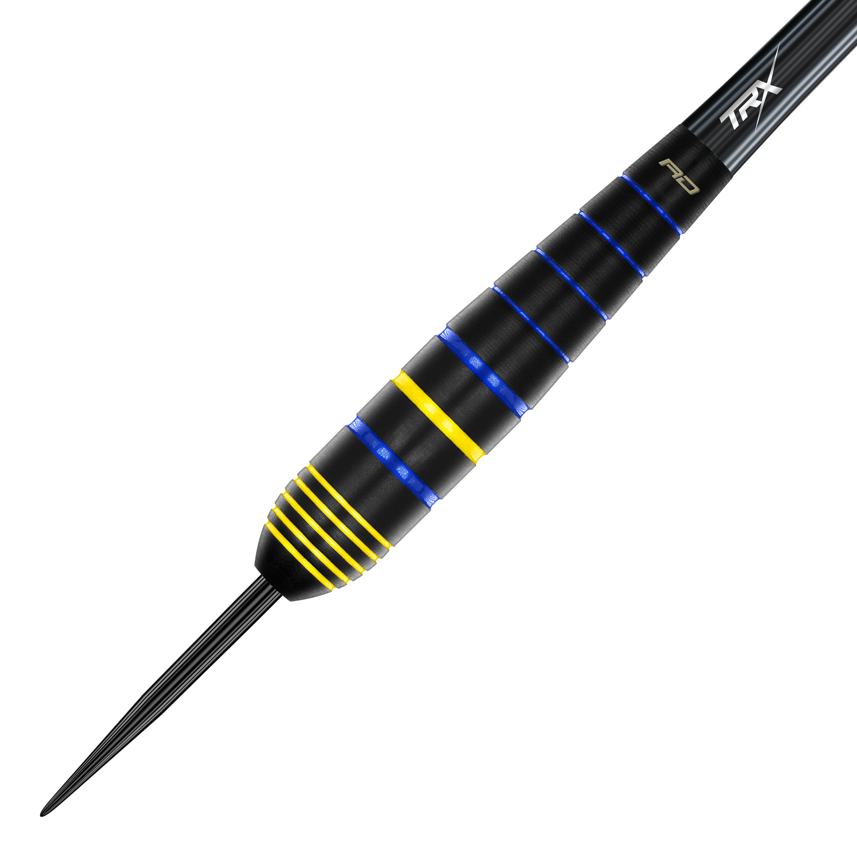 Das Bild zeigt einen Red Dragon Luke Humphries World Champion Brass Steeldart. Der Dart ist schwarz mit blauen und gelben Ringen verziert.