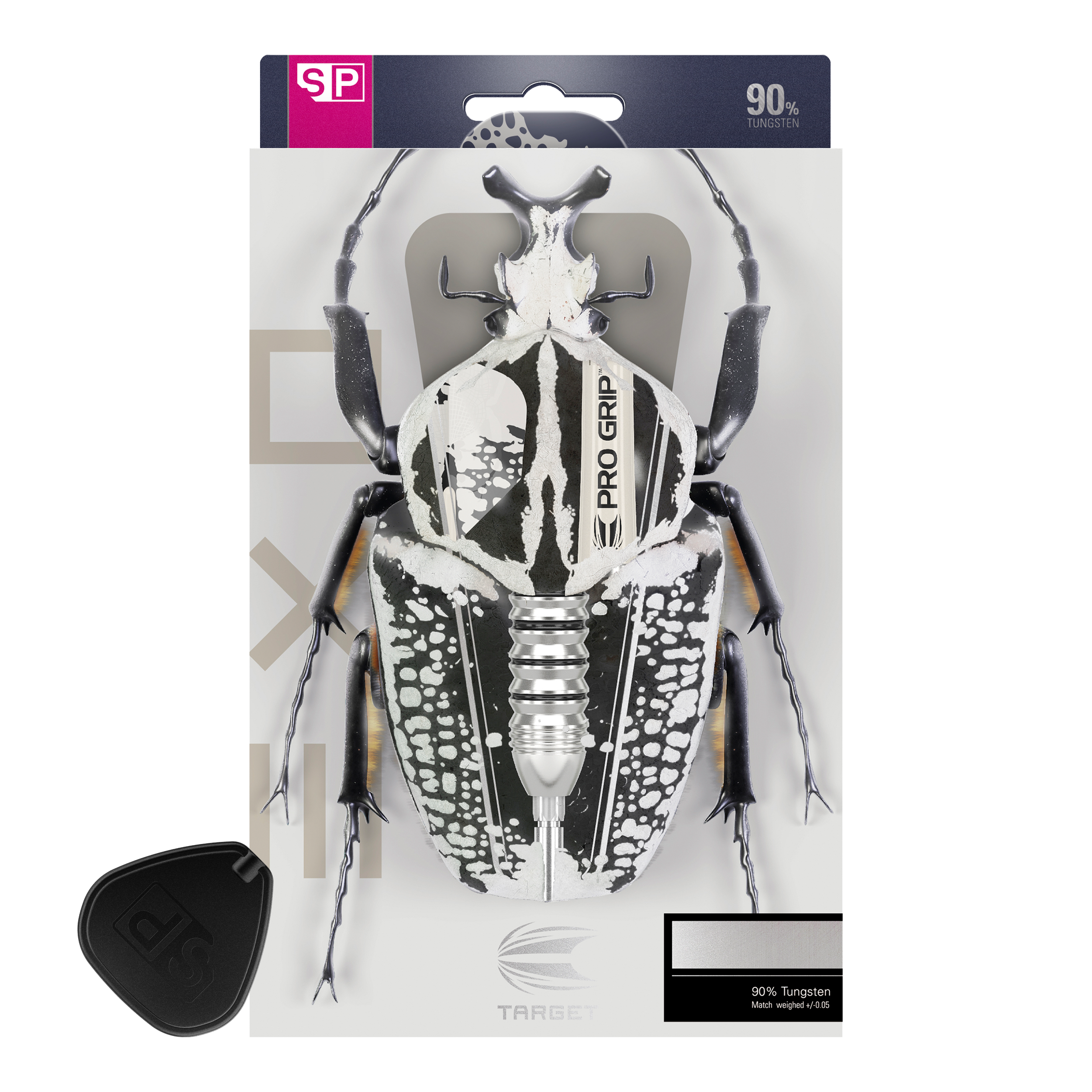 Das Bild zeigt die Verpackung der Target EXO SP01 Swiss Point Steeldarts. Auf der Verpackung ist ein stilisierter Käfer abgebildet, in dessen Körper der Dartpfeil integriert ist.