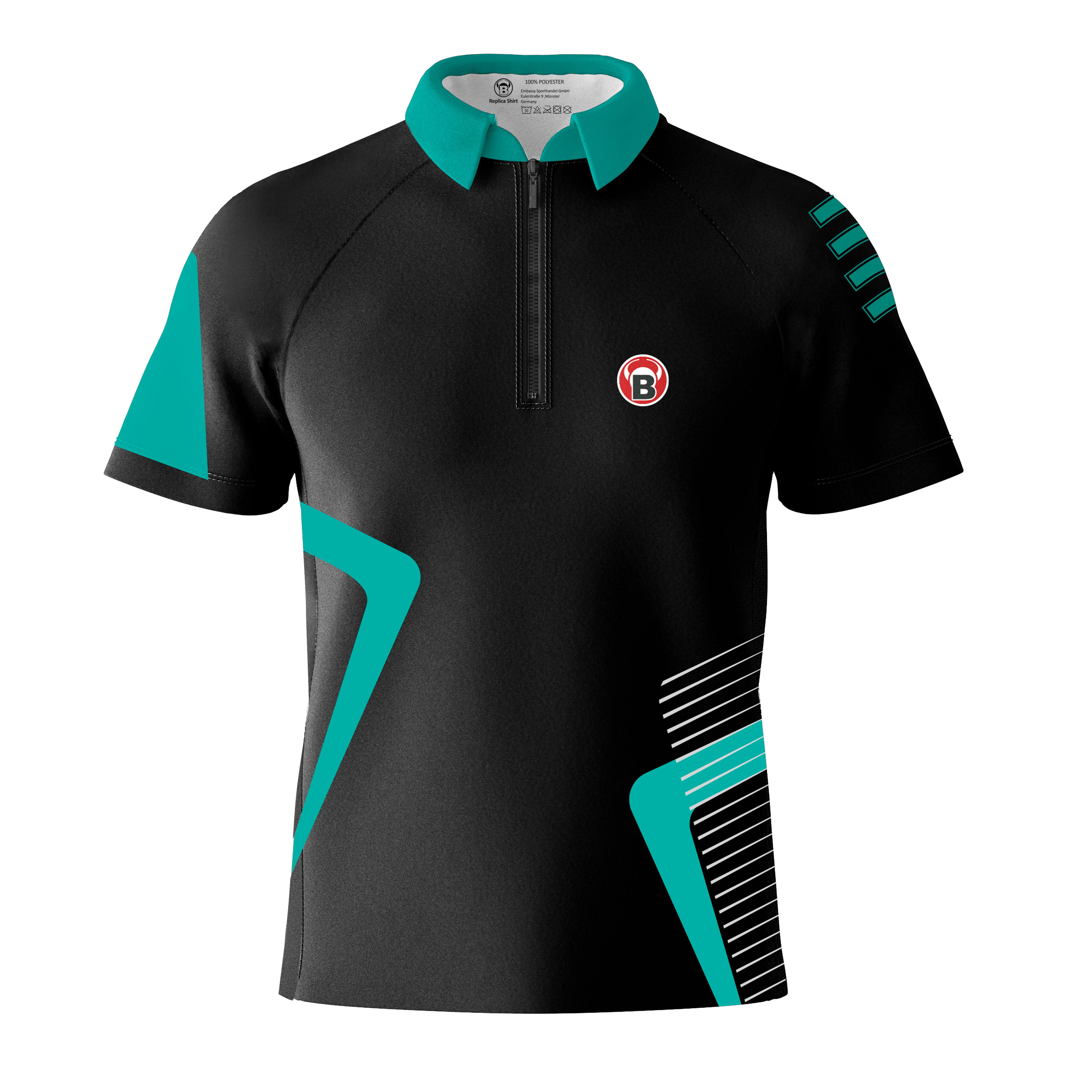Das Bild zeigt das Bulls Team Dartshirt in der Farbe Mint. Das Shirt ist überwiegend schwarz mit mintfarbenen Akzenten und einem kleinen B-Logo auf der Brust.
