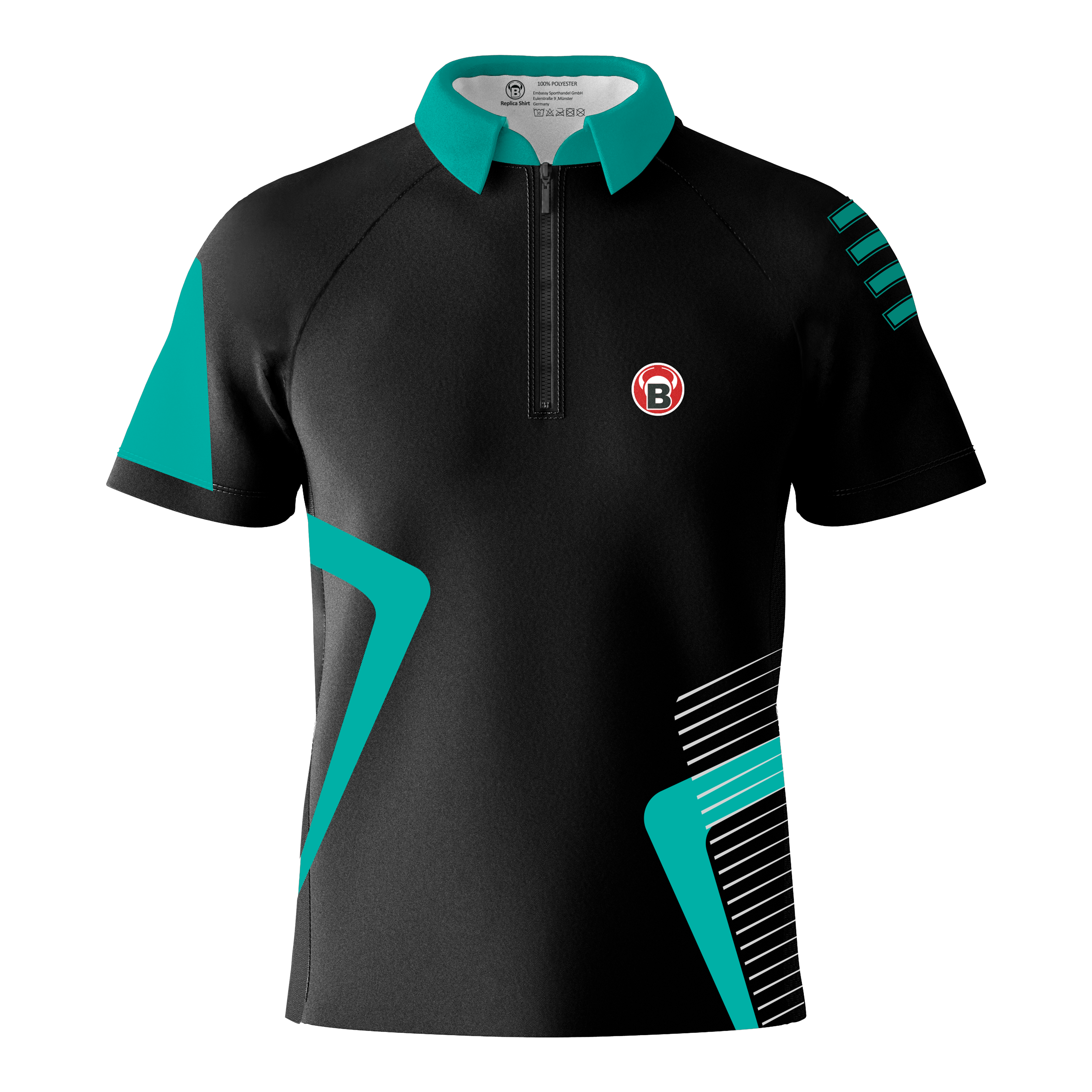 Bulls Team Dartshirt - Mint Das Bild zeigt das Bulls Team Dartshirt in der Farbe Mint. Das Shirt ist überwiegend schwarz mit mintfarbenen Akzenten und einem kleinen B-Logo auf der Brust.