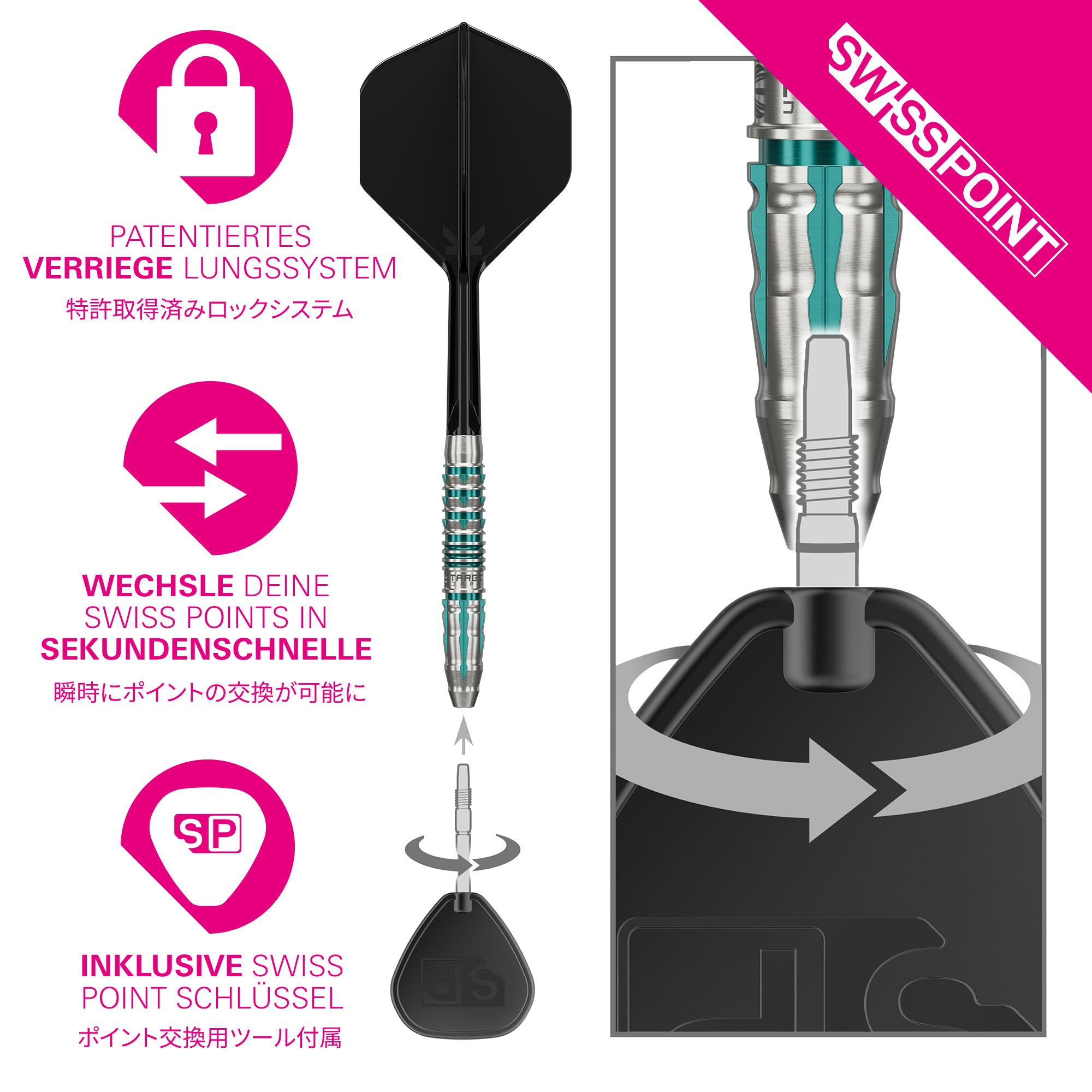 Target Japan Black Marque Pierce Swiss Point Steeldarts Das Bild zeigt das Produkt Target Japan Black Marque Pierce Swiss Point Steeldarts. Die Steeldarts sind speziell für Präzision und Design bekannt.
