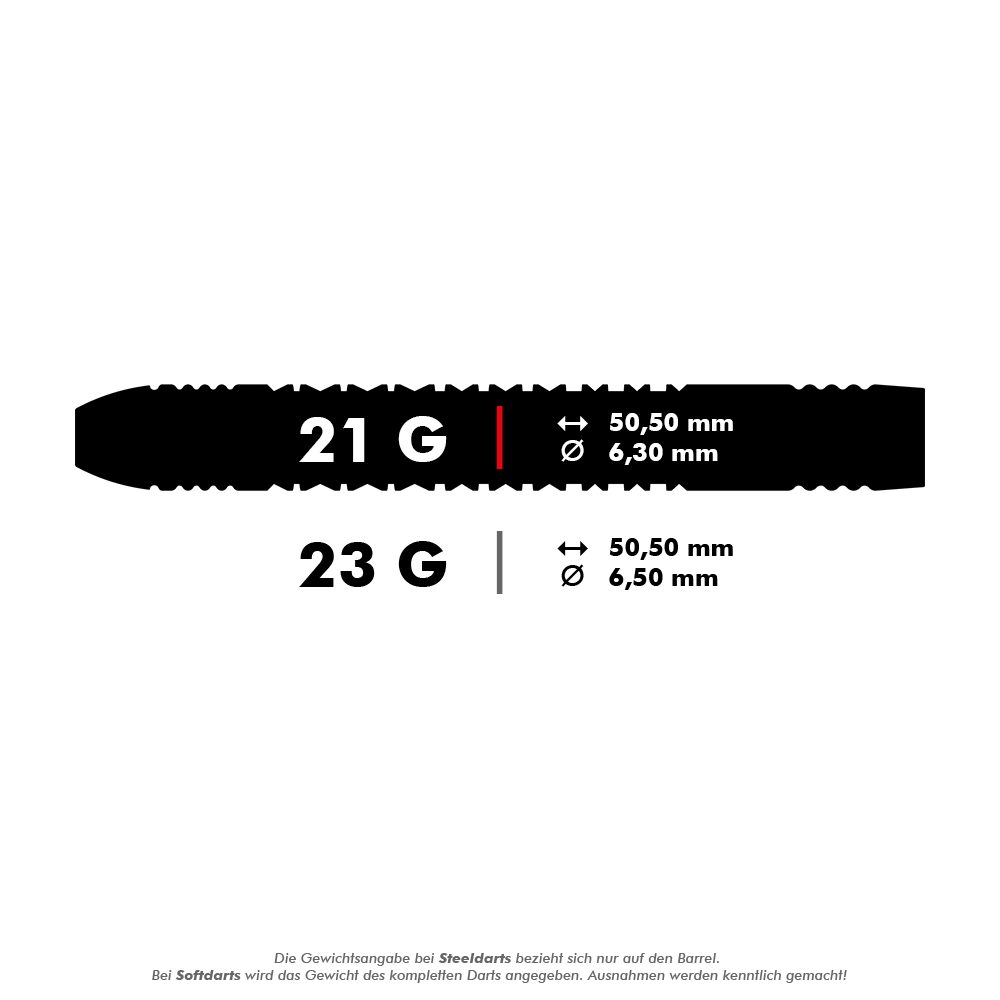 Das Bild zeigt die Maße von zwei Steeldarts mit 21 g und 23 g Gewicht. Die Längen betragen jeweils 50,50 mm, der Durchmesser ist 6,30 mm bzw. 6,50 mm.