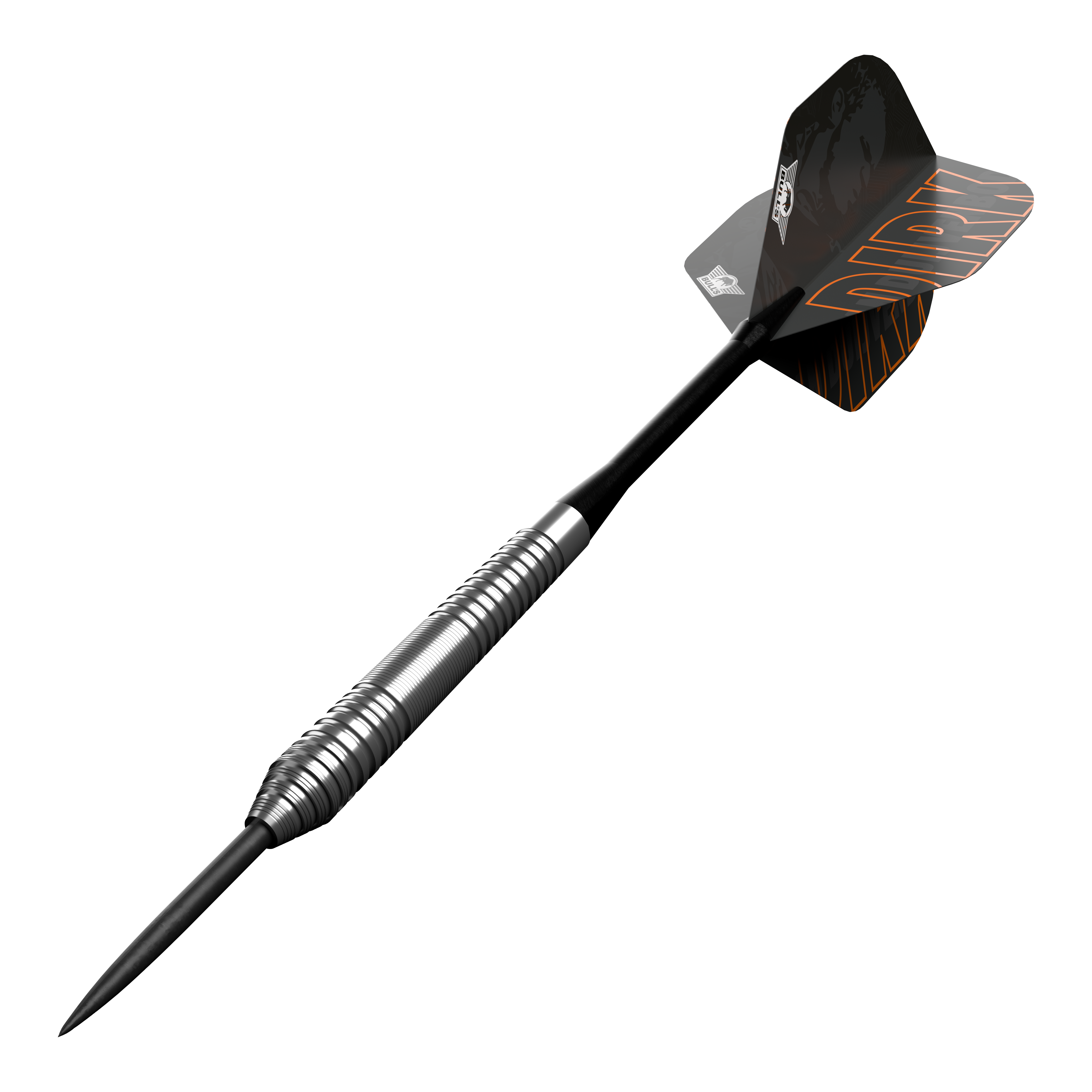 Bulls NL Dirk Van Duijvenbode 80 Steeldarts Dies ist ein Steeldart aus der Serie "Bulls NL Dirk Van Duijvenbode 80". Der Dart hat ein silbernes, geriffeltes Barrel und schwarze Flights mit orangefarbener Aufschrift.