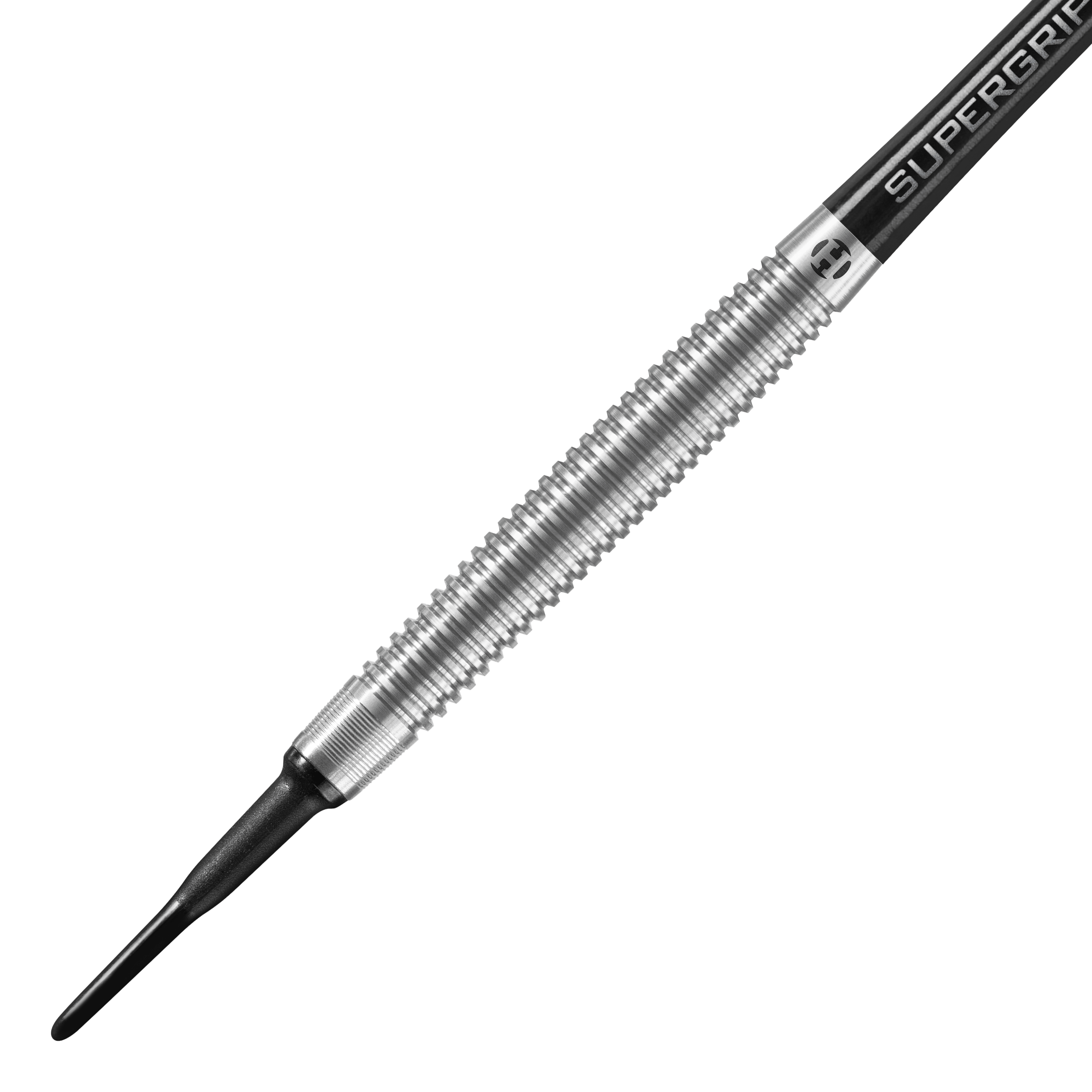 Harrows Shard Softdarts Das Bild zeigt einen Harrows Shard Softdart mit silbernem, gerilltem Griffbereich. Die Spitze ist schwarz und die Schaftaufschrift lautet "Supergrip".