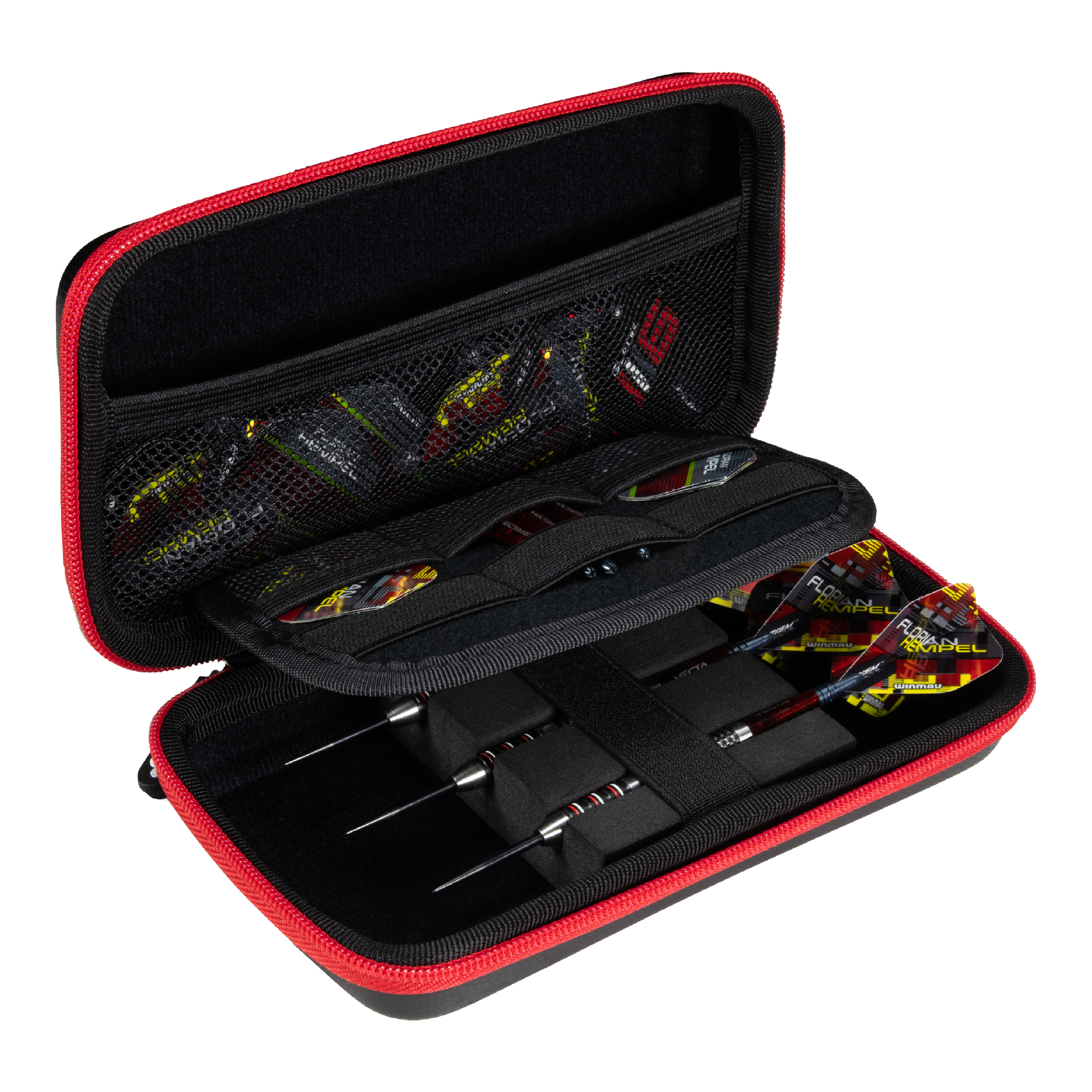 Das Bild zeigt das Winmau Florian Hempel Tour Edition Dartcase, das geöffnet und mit Darts sowie Zubehör bestückt ist. Die Darttasche hat einen schwarzen Innenraum mit Netzfächern und wird von einem roten Reißverschluss umrandet.