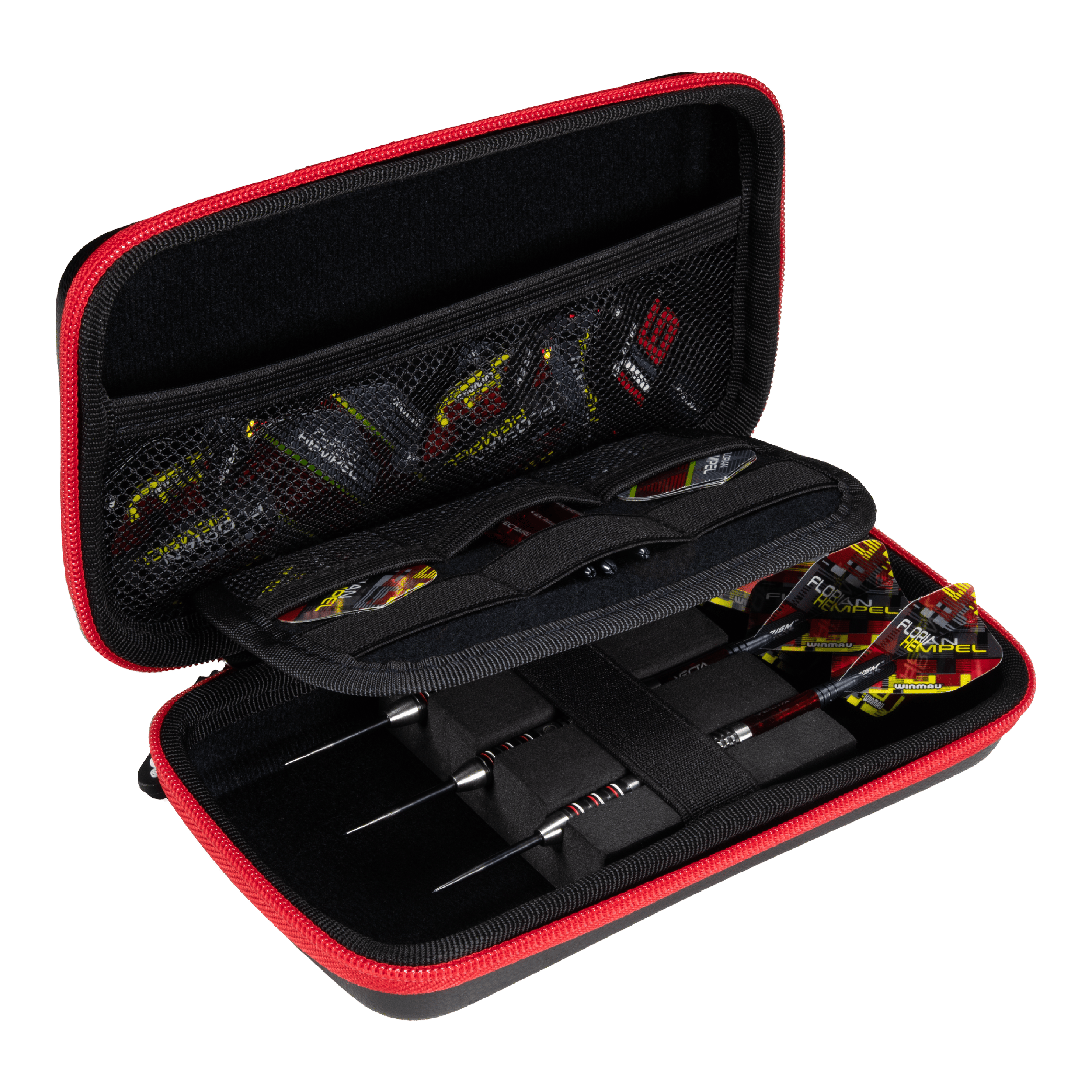 Winmau Florian Hempel Tour Edition Dartcase Das Bild zeigt das Winmau Florian Hempel Tour Edition Dartcase, das geöffnet und mit Darts sowie Zubehör bestückt ist. Die Darttasche hat einen schwarzen Innenraum mit Netzfächern und wird von einem roten Reißverschluss umrandet.