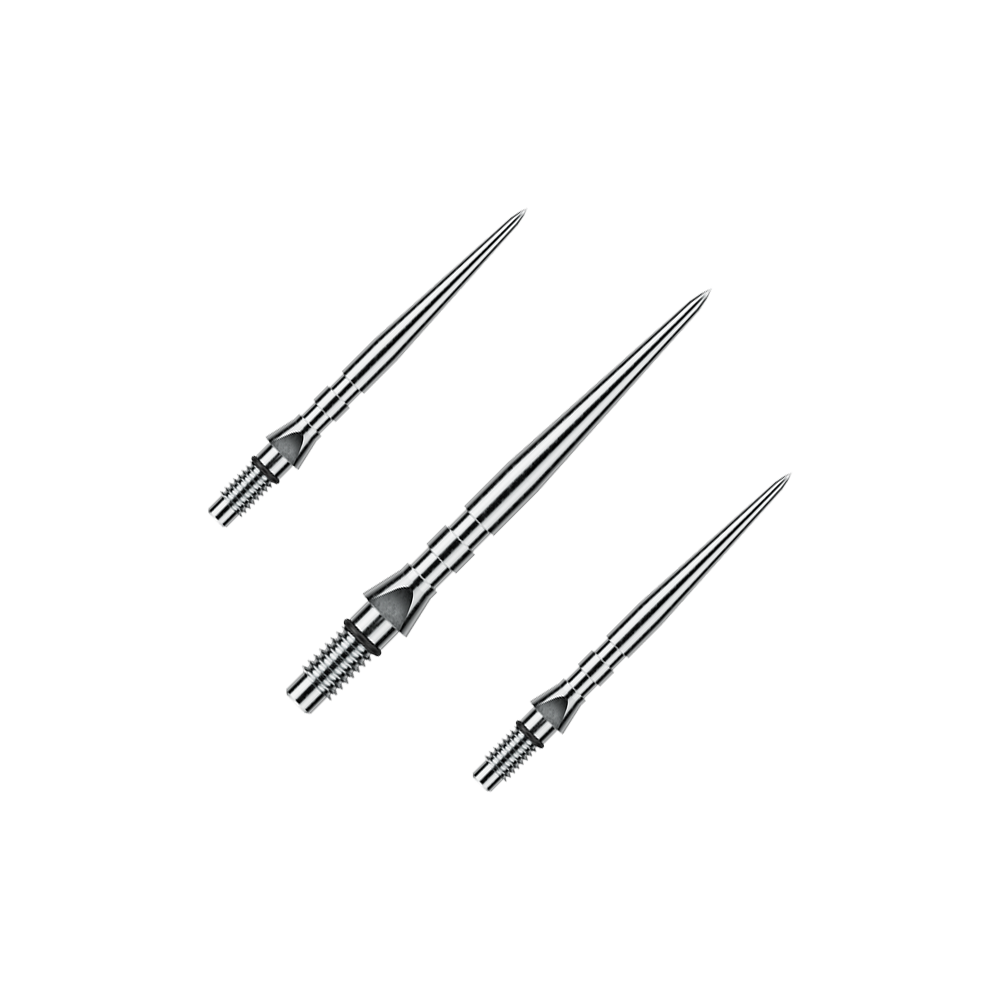 Winmau Switch Point Groove Steeldartspitzen - Silver Effect Auf dem Bild ist ein Set von silbernen Steeldartspitzen mit Rillen zu sehen, wahrscheinlich 'Switch Point Groove Silver Effect' und 26mm lang. Das Set ist für den Einsatz bei Steeldarts gedacht.