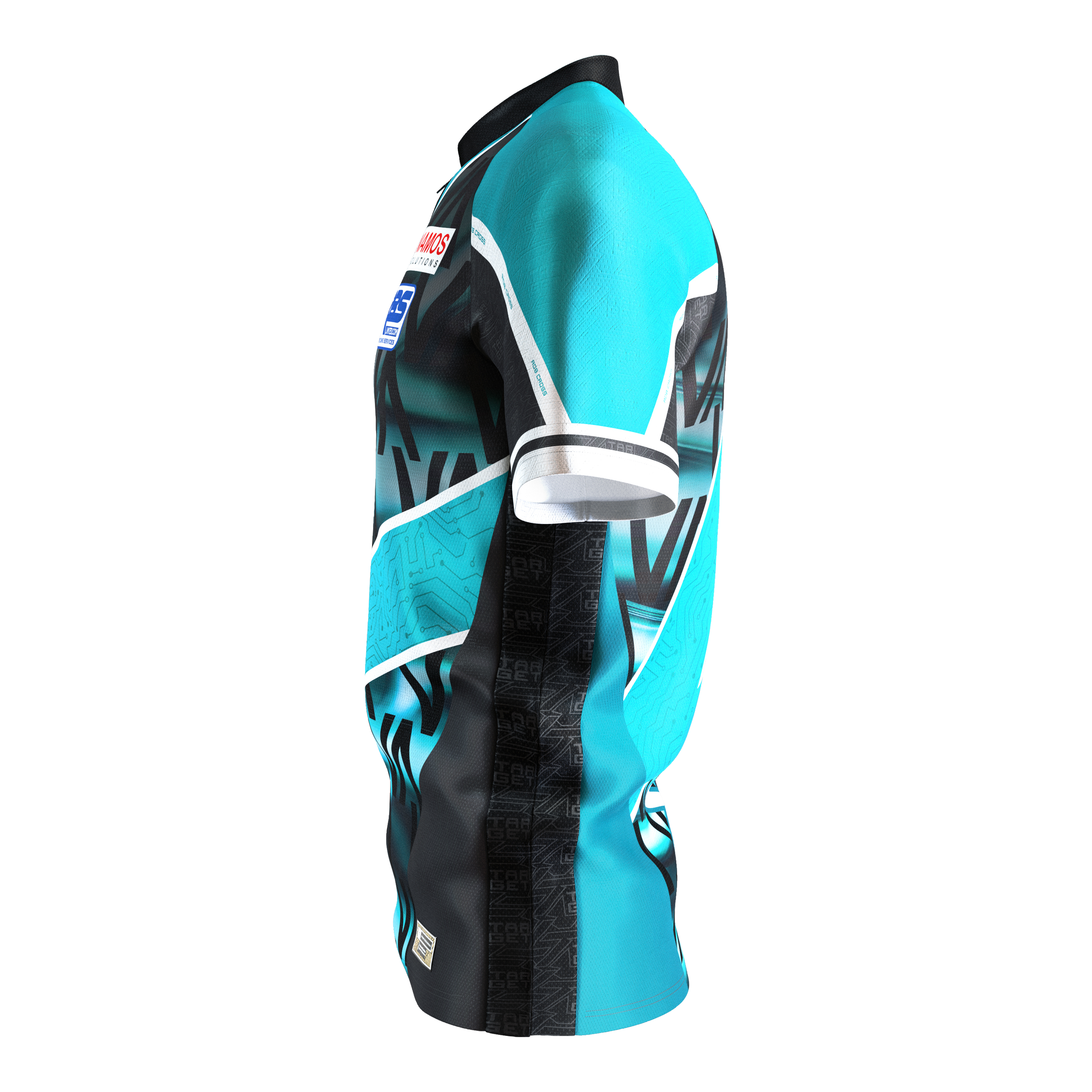 Target Coolplay Rob Cross 2025 Dartshirt Das Bild zeigt das Target Coolplay Rob Cross 2025 Dartshirt. Das Shirt hat ein auffälliges Design in Türkis, Schwarz und Weiß.
