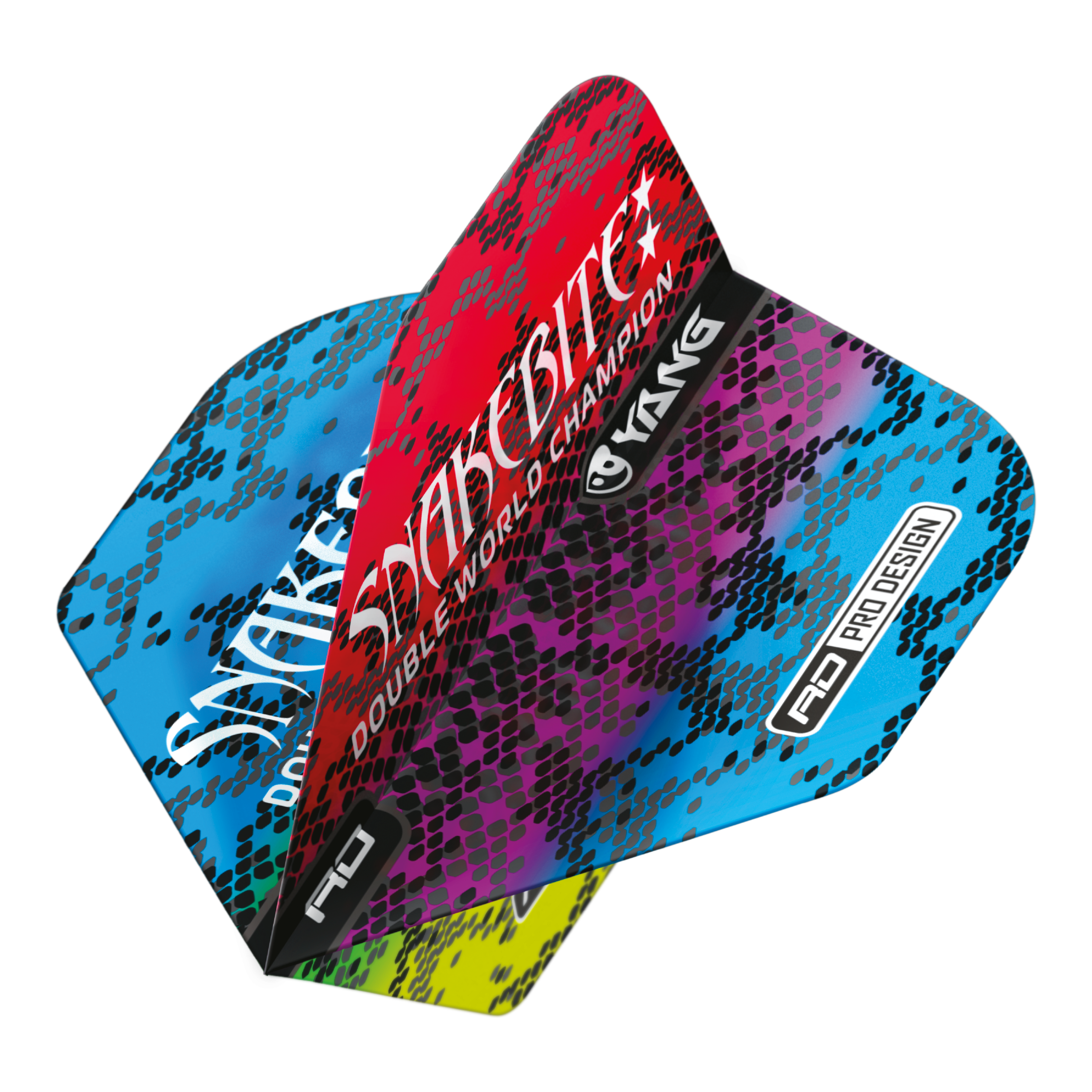 Das Bild zeigt bunte Dart-Flights mit Schlangenhaut-Muster in Blau, Grün und Rot. Auf ihnen steht „Snakebite Double World Champion Yin Yang“.