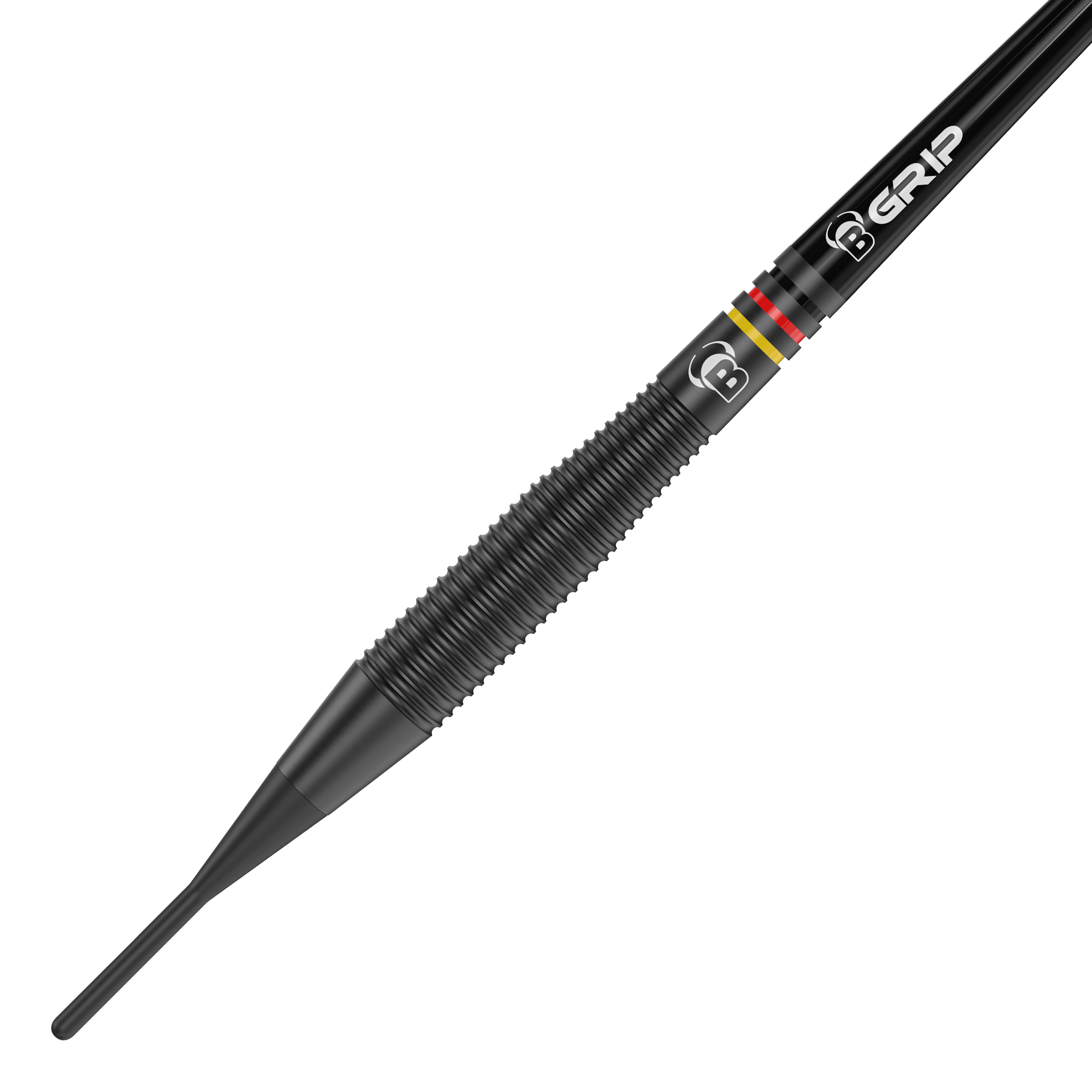Das Bild zeigt einen schwarzen Softdart mit auffälligen Rillen für besseren Halt. Auf dem Dart sind außerdem farbige Ringe und die Aufschrift "B GRIP" zu sehen.