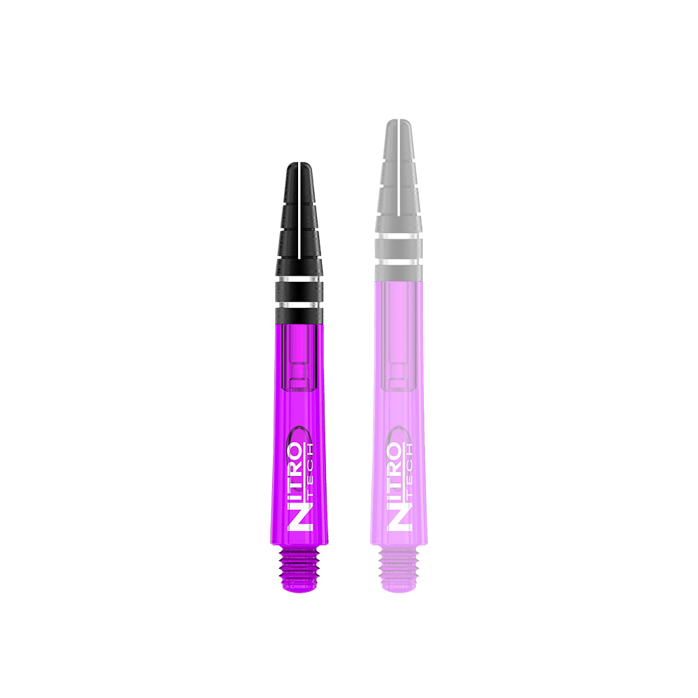 Das Bild zeigt zwei lila RedDragon Nitrotech Shafts. Sie sind für Dartpfeile und haben schwarze Spitzen mit silbernen Ringen.