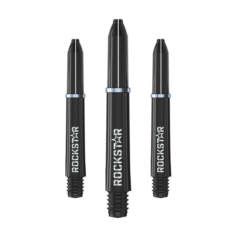 Winmau Joe Cullen Rockstar Nylon Shafts Schwarz Das Bild zeigt drei schwarze Dartschäfte mit der Aufschrift "ROCKSTAR". Sie sind jeweils mit einem silbernen Metallring versehen.