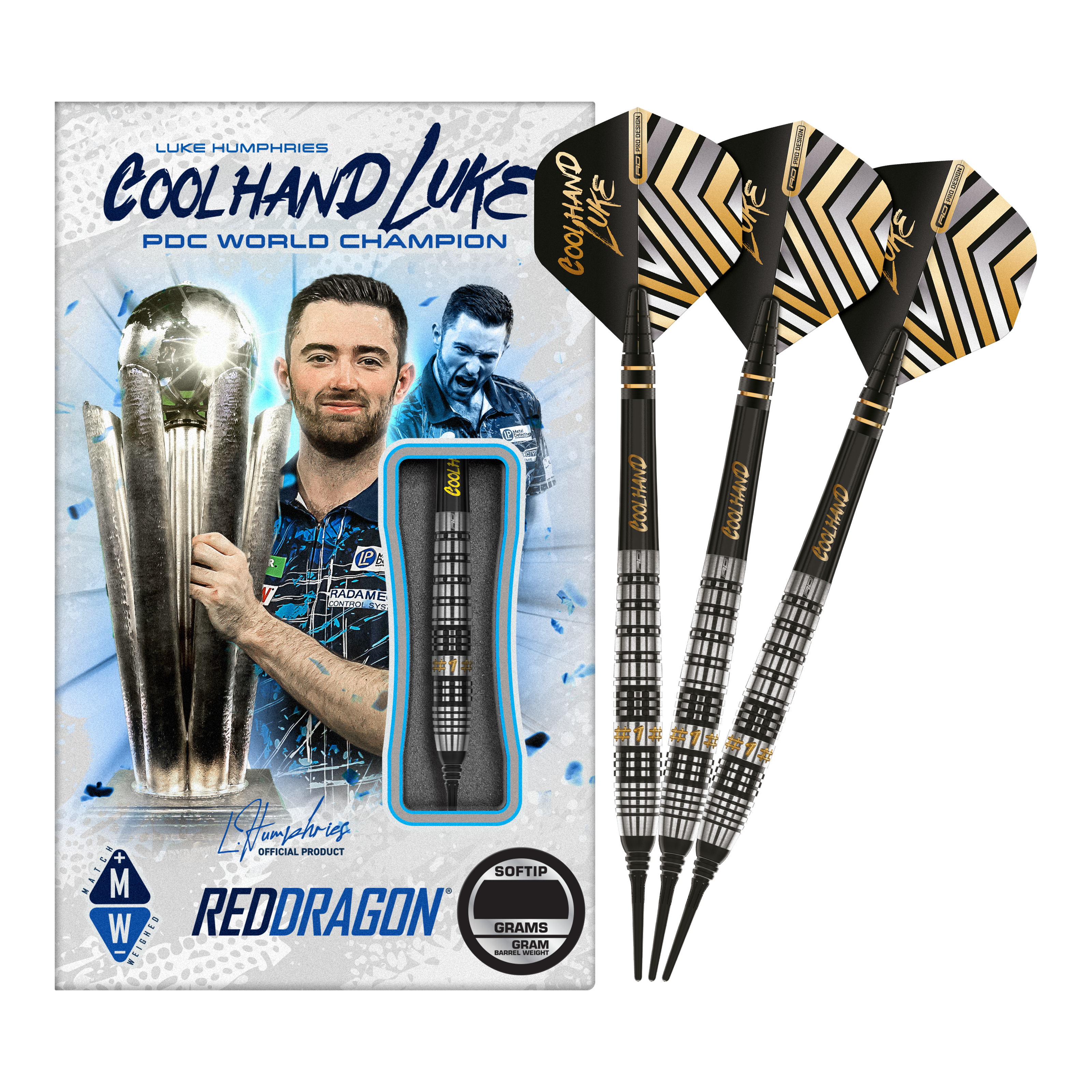 Red Dragon Luke Humphries Prestige Softdarts - 20g Auf dem Bild sind die Red Dragon Luke Humphries Prestige Softdarts mit 20g Gewicht zu sehen. Die Verpackung zeigt ein Bild von Luke Humphries und die Darts sind schwarz mit silbernen und goldenen Details.