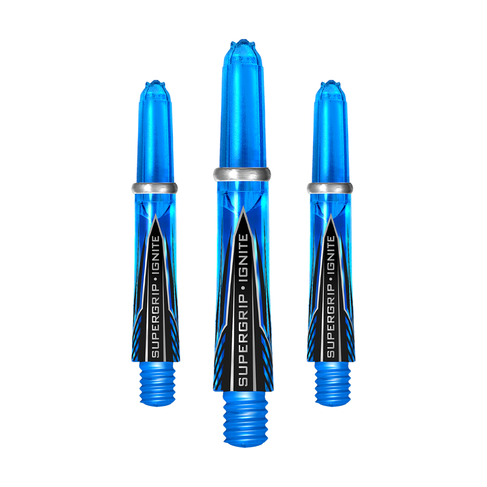 Das Bild zeigt drei blaue Harrows Supergrip Ignite Shafts in der Farbe Aqua. Die Shafts haben ein modernes Design mit dem Schriftzug "SUPERGRIP IGNITE" auf der Vorderseite.