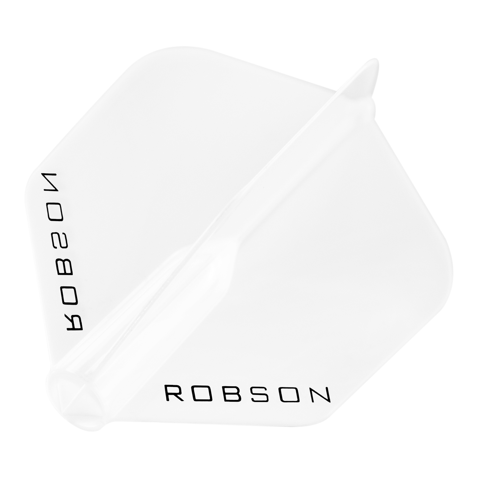 Das Bild zeigt einen klaren Dart-Flügel mit der Aufschrift "ROBSON". Der Flügel hat eine standardmäßige, sechseckige Form.