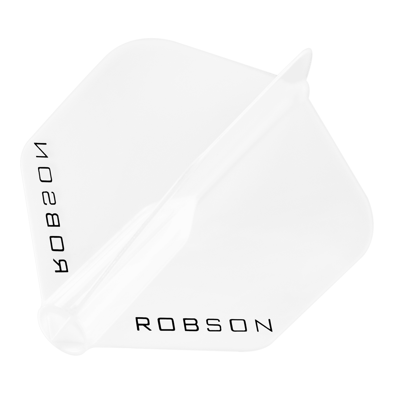 Robson Plus Standard Flights Das Bild zeigt einen klaren Dart-Flügel mit der Aufschrift "ROBSON". Der Flügel hat eine standardmäßige, sechseckige Form.