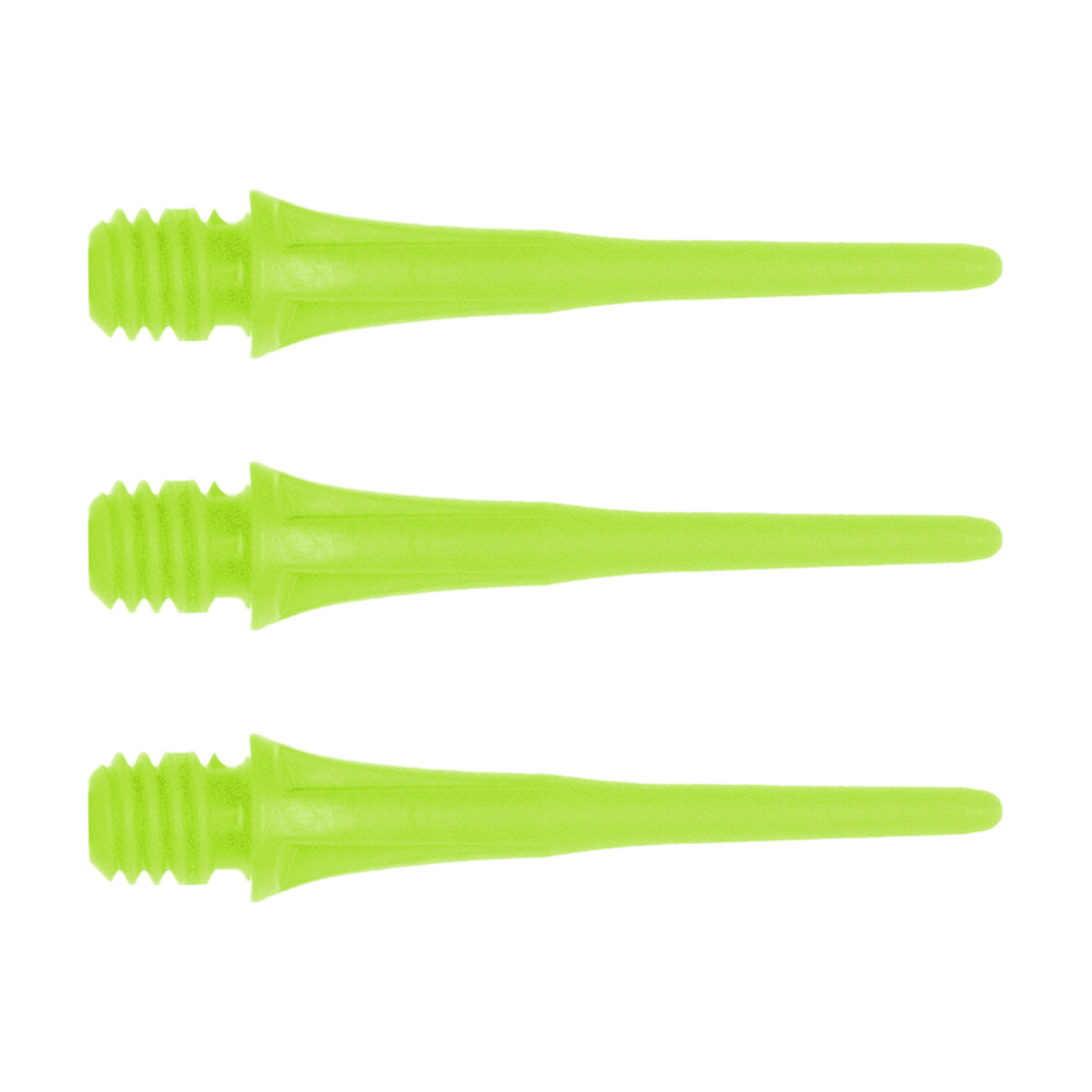 Das Bild zeigt drei grüne Cosmo Fit Point Plus 2BA Spitzen nebeneinander. Diese Dartspitzen sind 25mm lang und werden im 50er Pack verkauft.