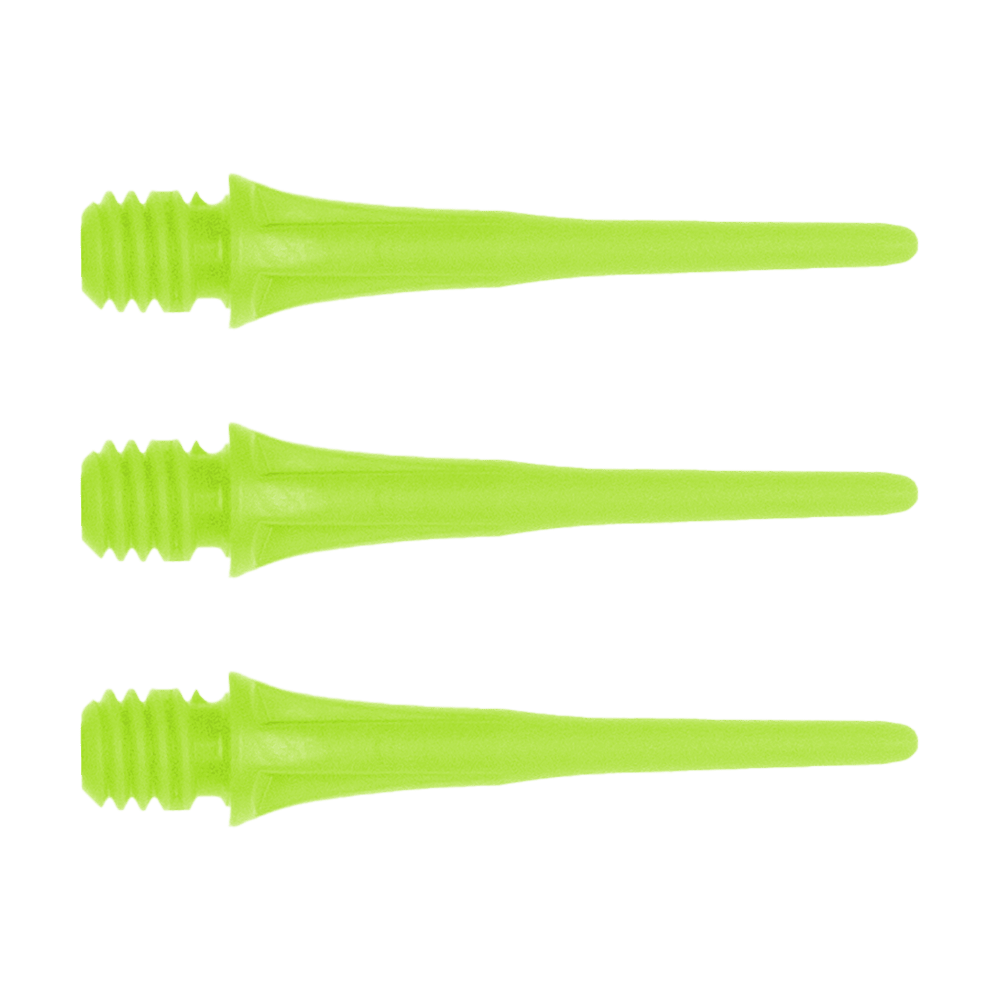 X9054_Cosmo_Fit_Point_Plus_2BA_Spitzen_Gr-n_1 Das Bild zeigt drei grüne Cosmo Fit Point Plus 2BA Spitzen nebeneinander. Diese Dartspitzen sind 25mm lang und werden im 50er Pack verkauft.