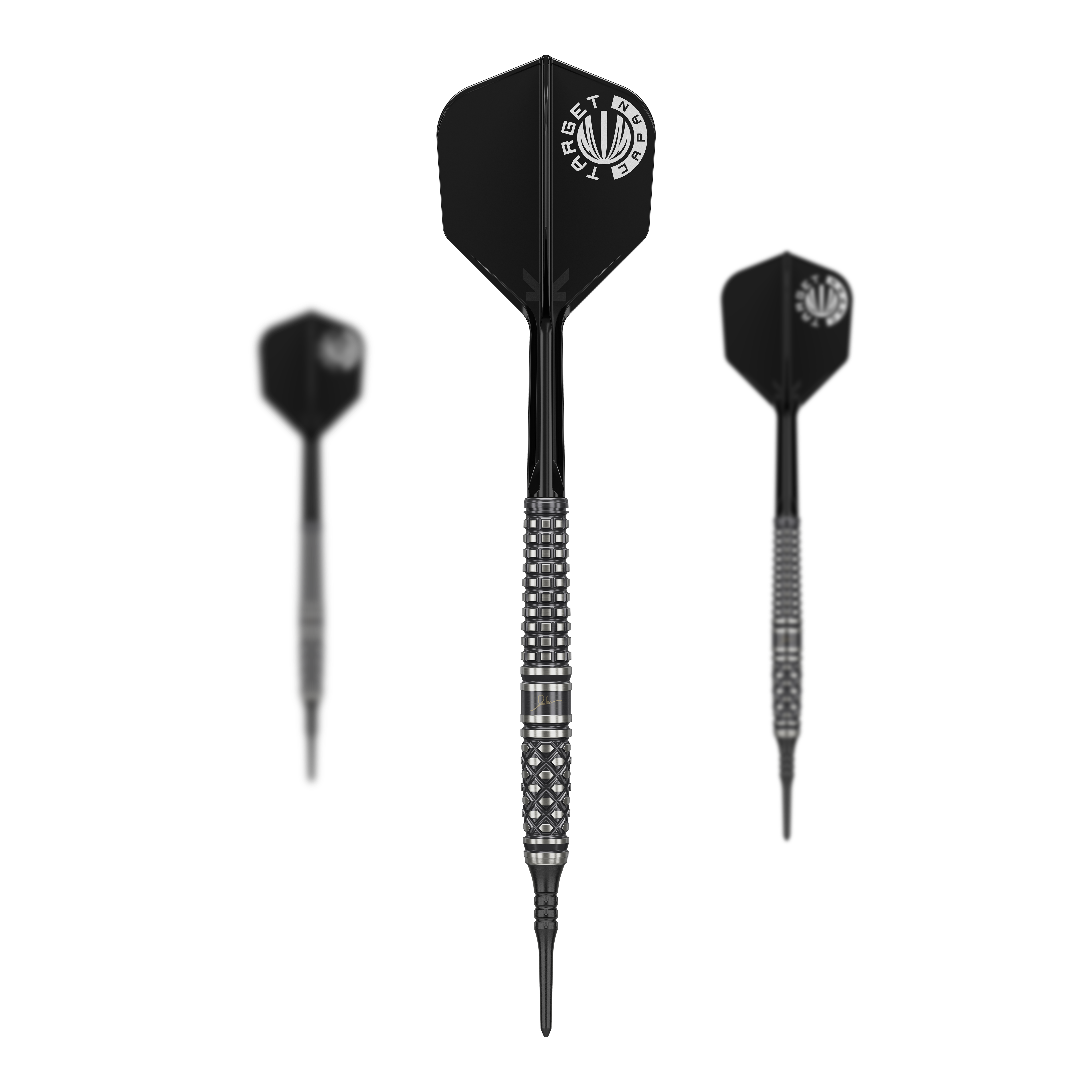 Das Bild zeigt drei schwarze Softdarts des Modells "Target Japan Paul Lim The Legend GEN8 - 19g". Die Darts haben silberne Griffringe und schwarze Flights mit weißem Logo.
