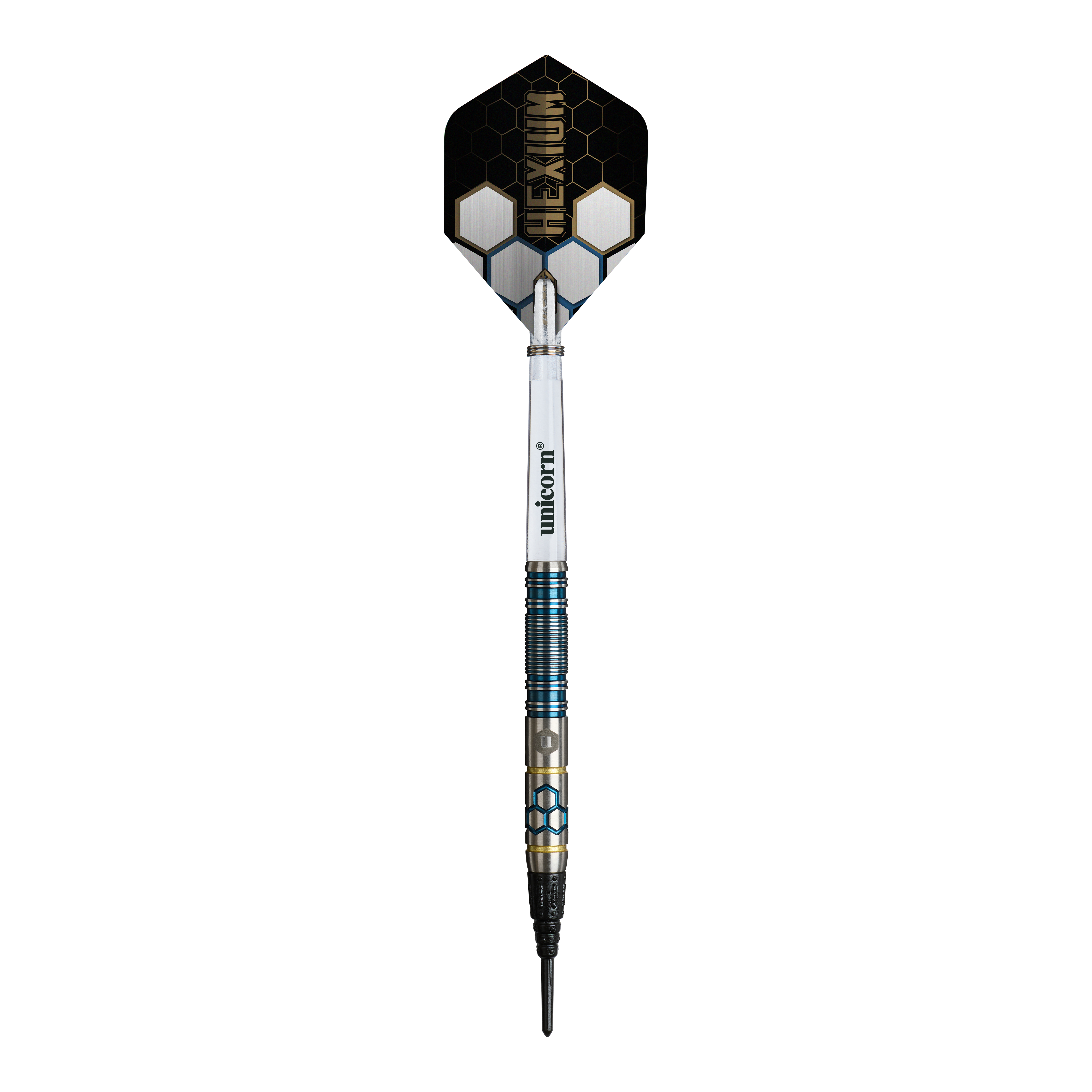 Unicorn Hexium Style 02 Blue & Gold Softdarts - 21g Hier sieht man die Unicorn Hexium Style 02 Blue & Gold Softdarts - 21g. Die Darts sind in Blau und Gold gehalten.