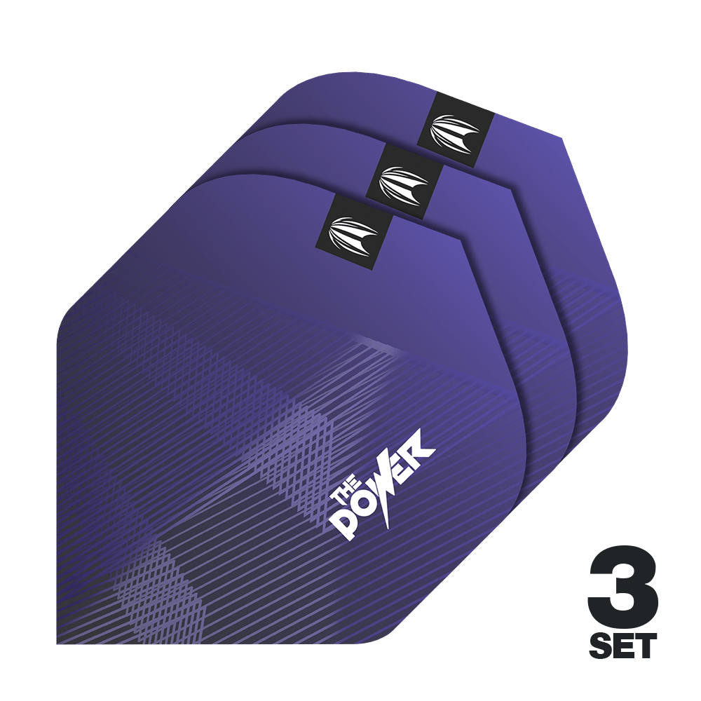 Das Bild zeigt drei lila Dart-Flights mit dem Aufdruck "The Power". In der rechten unteren Ecke steht "3 Set", was auf drei Sets des Produkts hinweist.
