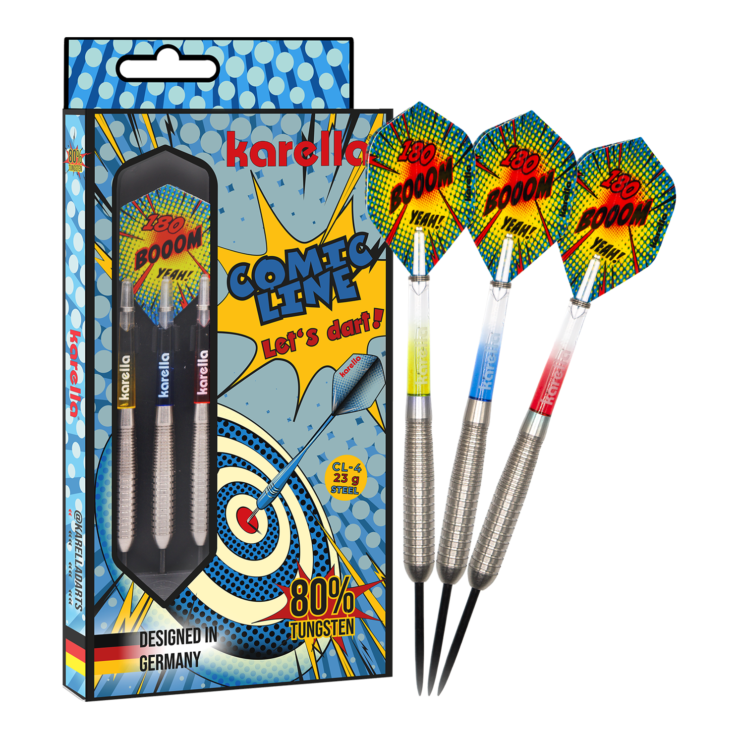 Karella Comic Line CL-4 Steeldarts - 23g Das Bild präsentiert die Karella Comic Line CL-4 Steeldarts mit einem Gewicht von 23g. Diese Darts sind robust und für ambitionierte Spieler konzipiert.