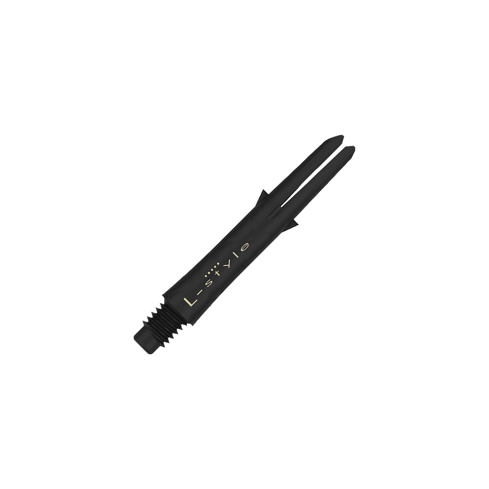 Das Bild zeigt einen schwarzen Carbon-Dartshaft ohne Kappen mit der Aufschrift "L-style". Der Schaft ist 32 mm lang und hat ein Schraubgewinde am Ende.