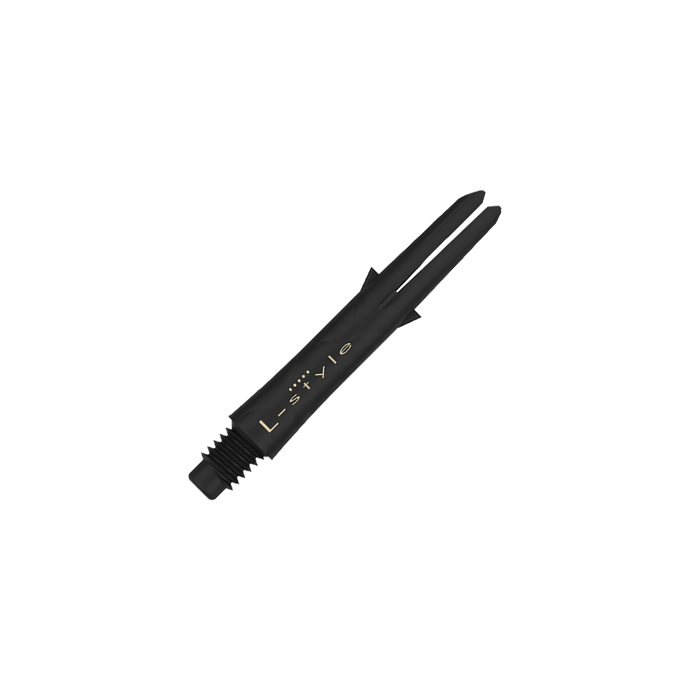 L-Style Carbon Shafts 190 Das Bild zeigt einen schwarzen Carbon-Dartshaft ohne Kappen mit der Aufschrift "L-style". Der Schaft ist 32 mm lang und hat ein Schraubgewinde am Ende.