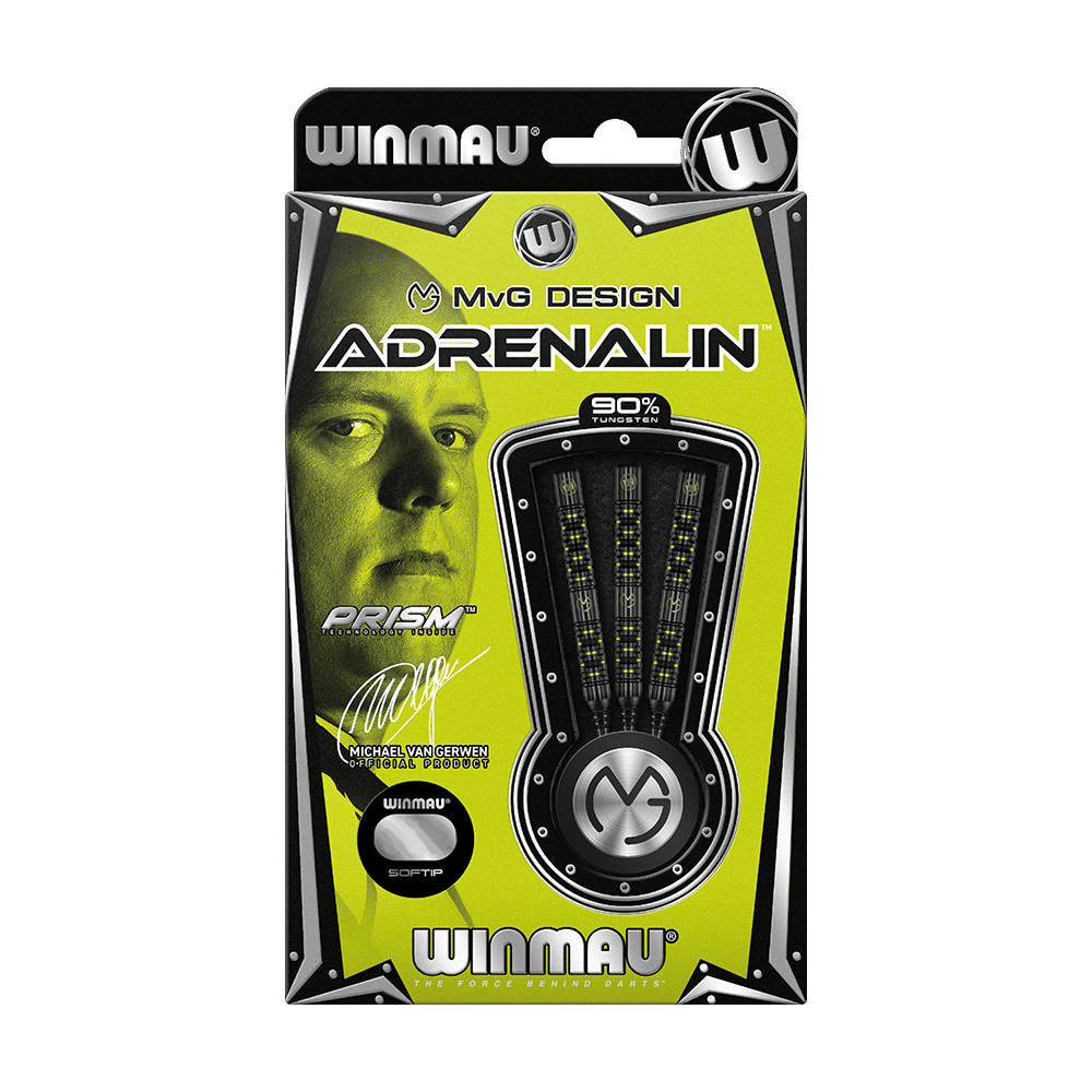 Die Abbildung zeigt die Verpackung der "Winmau Michael Van Gerwen MvG Adrenalin Softdarts". Auf der Packung sind das Produkt, ein Porträt sowie der Name des Dartspielers Michael van Gerwen zu sehen.