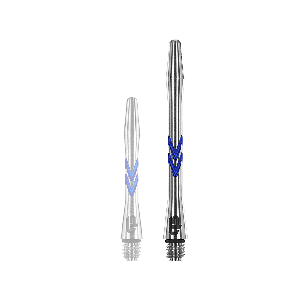 C643_Red_Dragon_Gerwyn_Price_V-Groove_Aluminium_Shafts_Blue_46mm_1Xdim1LOGwY4aB Das Bild zeigt zwei Aluminium-Schäfte für Darts in Silber mit blauen Rillen. Diese heißen "Red Dragon Gerwyn Price V-Groove Blue Aluminium Shafts".