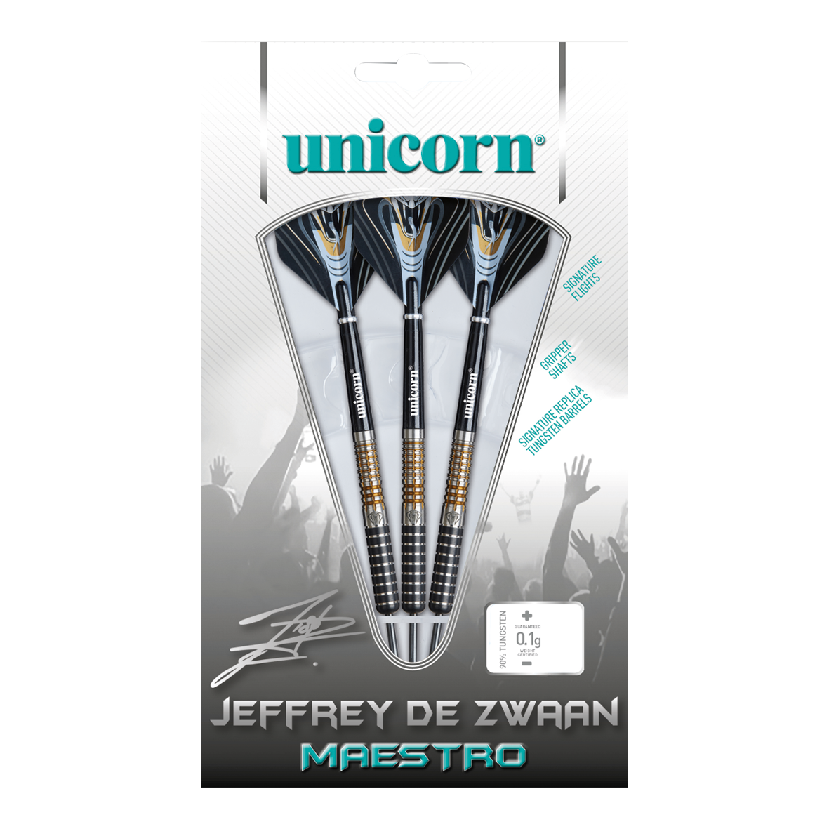 Unicorn Maestro Jeffrey De Zwaan Phase 3 Steeldarts Das Bild zeigt eine Verpackung mit drei Steeldarts der Marke Unicorn, Modell „Jeffrey De Zwaan Maestro“. Die Darts sind in einer transparenten Blisterverpackung sichtbar und auf der Verpackung steht der Name des Produkts.
