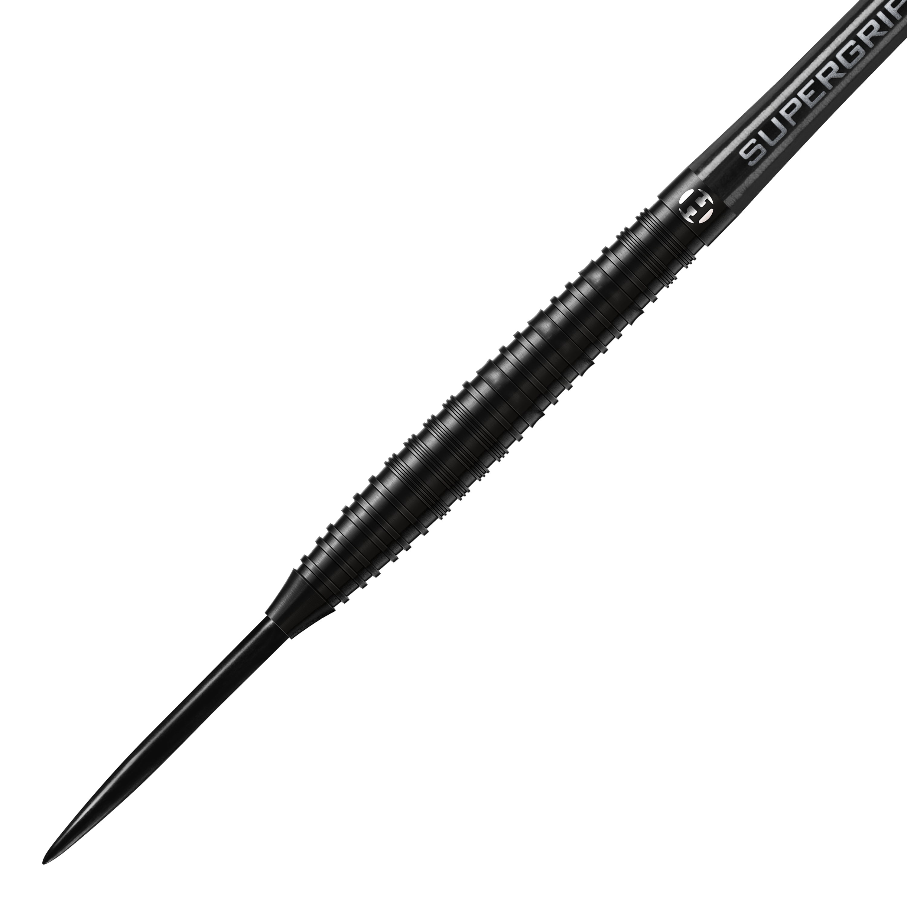 Das Bild zeigt einen Harrows NX90 Black-Edition Steeldart. Der Dartpfeil ist komplett schwarz und hat eine geriffelte Griffzone für besseren Halt.