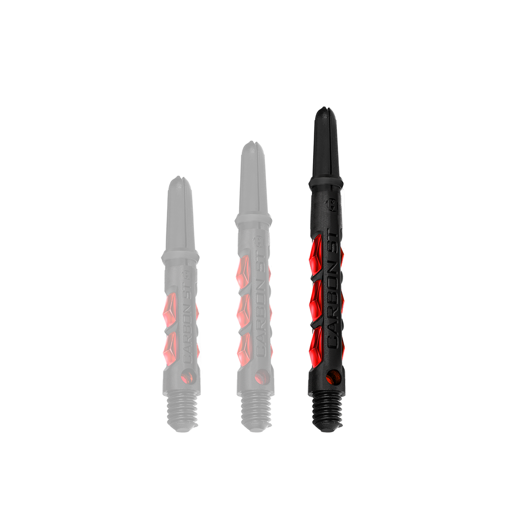 Das Bild zeigt drei Harrows Carbon ST Shafts in der Farbe Rot. Die Dartschäfte bestehen aus schwarzem Material mit roten Akzenten und unterscheiden sich in der Länge.