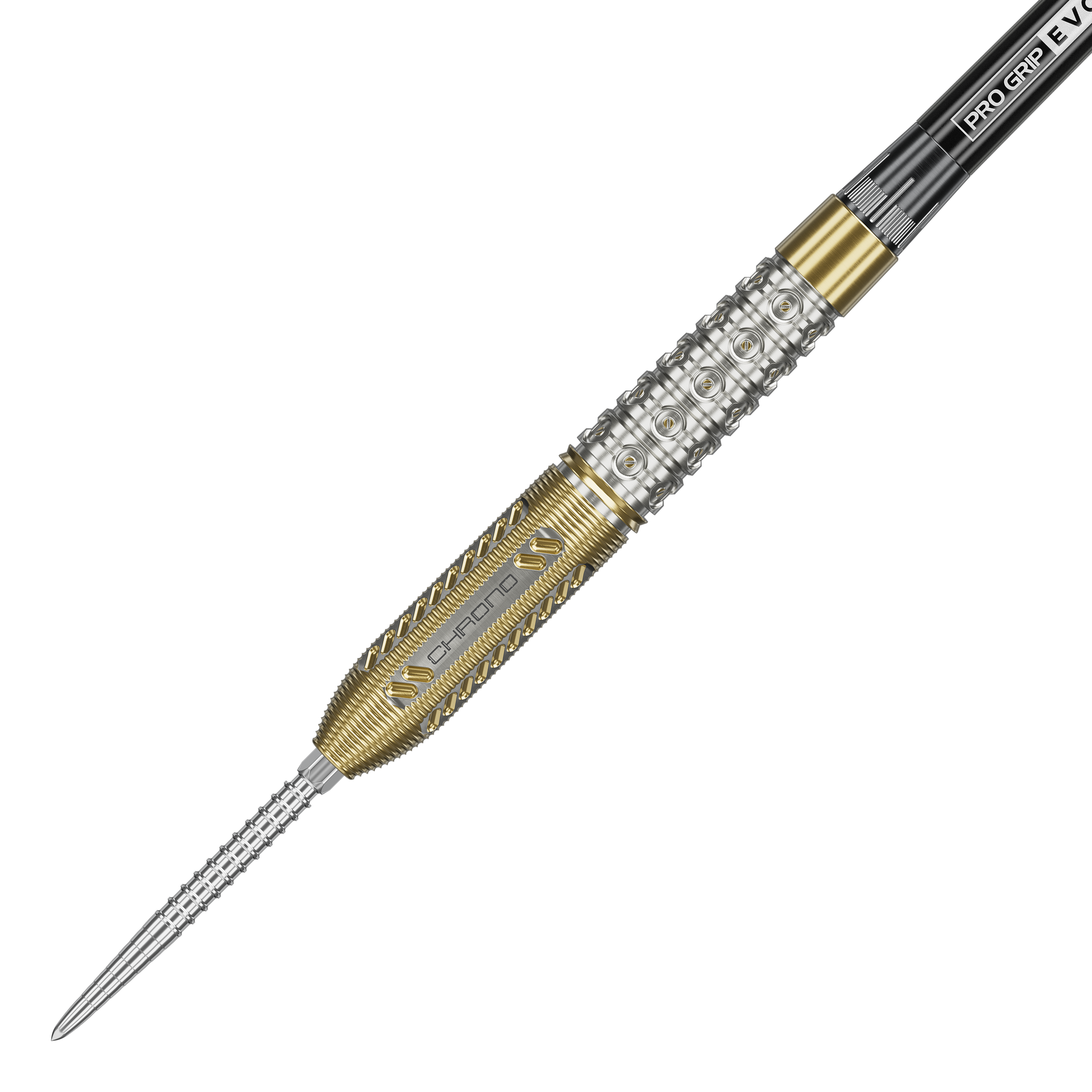 Das Bild zeigt einen Steeldart aus der Produktreihe "Target Raymond Van Barneveld Chrono 95 Swiss Point". Der Dartpfeil hat ein silbernes und goldenes Griffstück mit detaillierten Gravuren und Mustern.